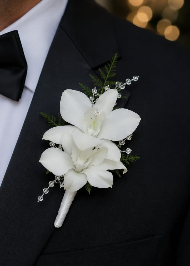 White Dendrobium Orchid Boutonniere  - Two white dendrobium orchid blooms form a refined, ceremonial boutonniere that elevates wedding suits and other formal attire. Perfect for grooms, groomsmen, or anyone attending a black-tie event, this boutonniere sends a message of quiet elegance-she or he will look polished and feel celebrated without overpowering their outfit.  The design pairs two vertical white orchid blooms with small green sprigs and clear crystal accents for subtle texture and sparkle. A white ribbon wrap secures the stems and a boutonniere pin keeps it neatly in place on a lapel; the black background of a suit provides a striking contrast that makes the white petals pop. Tuck it onto the left lapel for a classic look; keep it dry and handle gently to preserve the delicate petals.