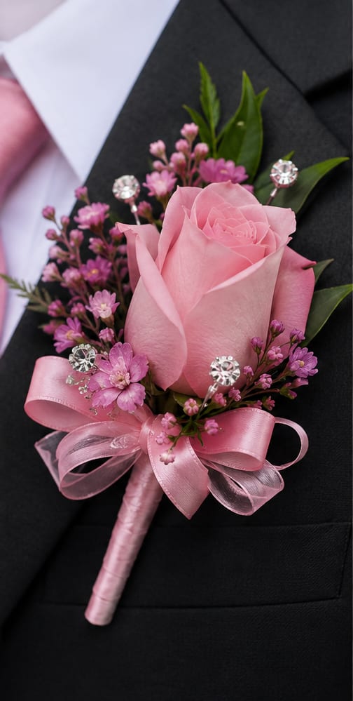 Pink Rose Boutonniere with Rhinestones  - A single pale pink rose takes center stage in this pink rose boutonniere, the perfect wedding boutonniere or prom accessory to complete a coordinated formal outfit. Delicate purple filler flowers and fresh green leaves frame the bloom, while white accents brighten the composition-creating a romantic, refined look that reads as both classic and gently modern. The rhinestone-topped pins catch the light for a subtle sparkle that helps the wearer stand out in photos.  Crafted with a pink satin ribbon wrap and a neat boutonniere wrap for secure placement. Ideal for grooms, groomsmen, prom dates, or anyone you want to make feel honored, it conveys thoughtful elegance and celebration. To keep it looking its best, pin through the wrap to secure and store chilled until presentation.