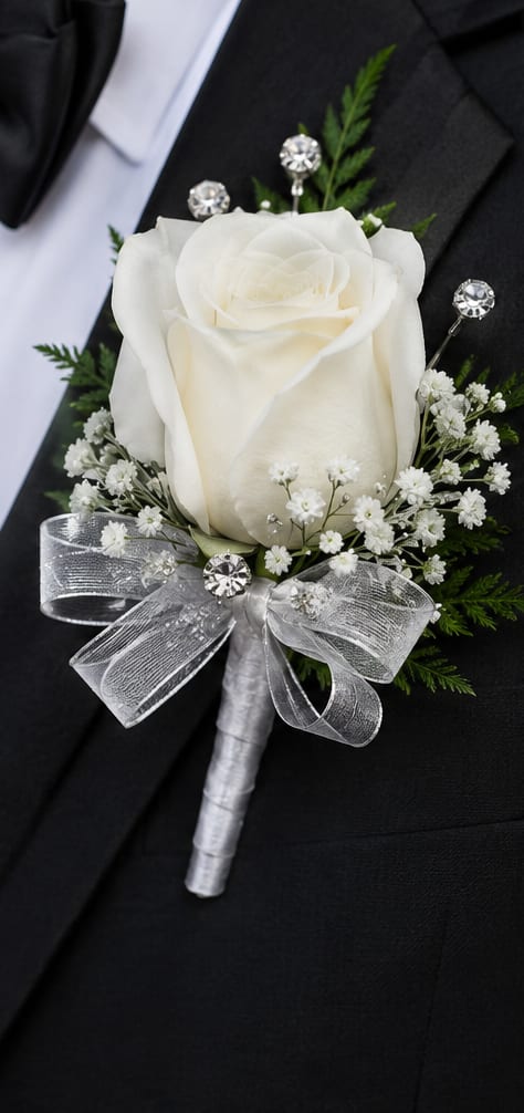 White Rose Boutonniere with Rhinestones  - A single white rose boutonniere with sparkling rhinestone accents makes a quietly elegant statement for weddings and formal events. This groom's or attendant's lapel piece is designed to catch the eye up close-perfect for bridal parties, proms, or any black-tie occasion where a polished, classic look matters.  The arrangement pairs one fresh white rose with tiny baby's breath and fine evergreen sprigs for soft texture and subtle green contrast. A sheer silver ribbon is tied beneath the bloom and several rhinestone-like pins add refined sparkle against a black suit. Secured with a boutonniere pin, this compact design sits neatly on the lapel without overpowering the ensemble.  Ideal for the person who should look composed and celebrated, this boutonniere communicates timeless style and attention to detail. Order with your party size in mind; to keep the rose looking its best, store cool and mist lightly until pinning shortly before the ceremony.