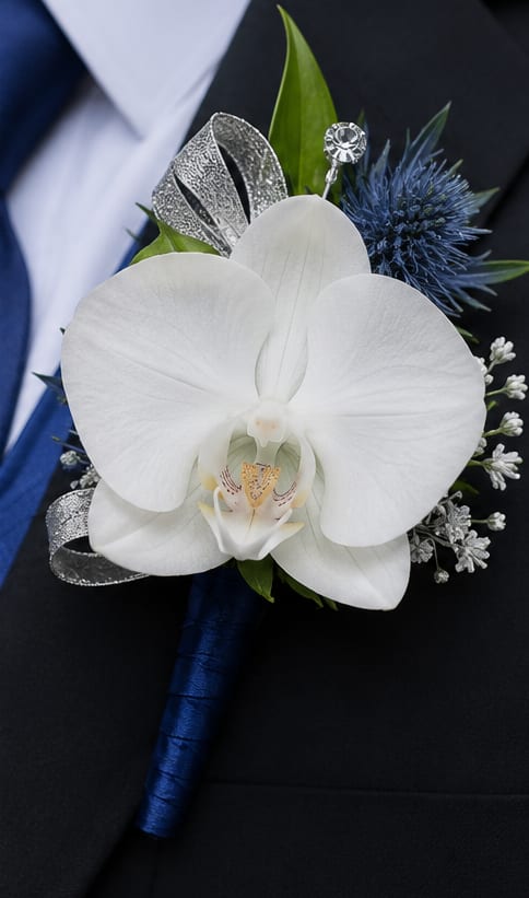 White Phalaenopsis Orchid Boutonniere  - A single, sculptural white Phalaenopsis orchid takes center stage in this orchid boutonniere, perfect for a wedding boutonniere or other formal occasion where refined elegance matters. The cool-toned pairing of the large white bloom with tiny white filler blossoms creates a crisp, modern look that reads both classic and fashion-forward for an anniversary, prom, or black-tie event.  Silver glittered ribbon loops and a deep blue wrapped stem ( Color Can Be Changed) lend a polished, tailored finish that will sit neatly on a lapel without overpowering the wearer's outfit. Compact and carefully wired, the boutonniere balances texture-the orchid's smooth petals against the spiky blue accent-and color for a memorable detail that complements navy, gray, or black suits.  Designed for the person you want to feel celebrated, this boutonniere sends a message of thoughtful sophistication and attention to detail. Order with your wedding or event timing in mind so the orchid arrives fresh; handle gently and keep cool until pinning to preserve the bloom's pristine look.