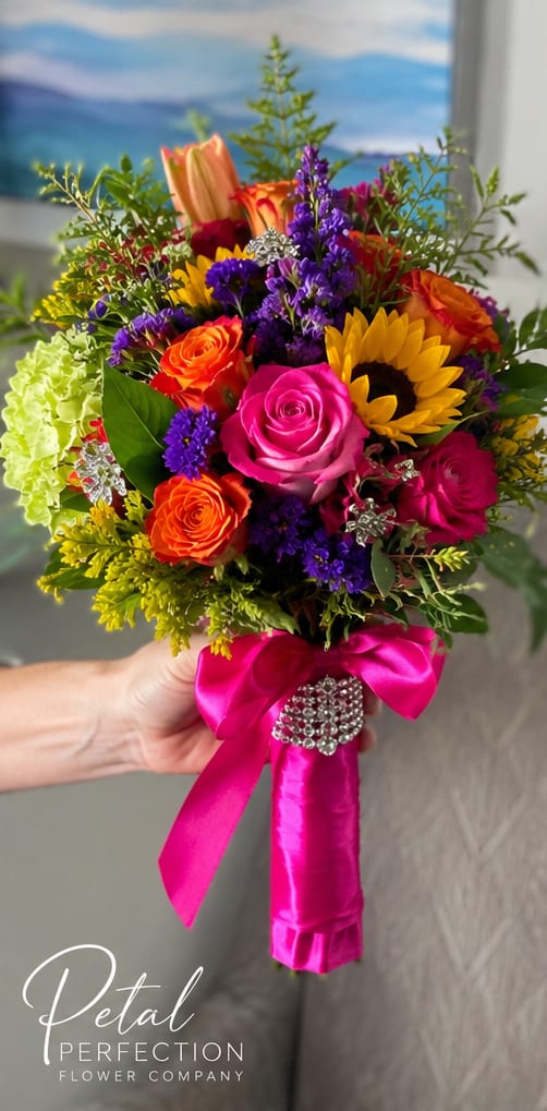 Mixed Flower Nosegay  - A vivid cascade of hot pink roses and golden sunflowers makes this mixed flower nosegay an unforgettable birthday bouquet or congratulatory gift that reads as joyful and glamorous. The bright pink satin wrap and rhinestone brooch give the arrangement a festive, gift-ready finish, while the combination of pink, purple, orange, and yellow blooms sends a clear celebratory message-perfect for anniversaries, graduations, or to say "I'm thinking of you" with flair.  This dense, hand-tied arrangement is anchored by large roses and sunflowers with stems gathered close for a lush, rounded silhouette. Purple stock and other smaller filler flowers weave texture and contrast through the composition, creating visual depth and a lively color play. The satin ribbon keeps the bouquet polished and the rhinestone accent adds a touch of sparkle that makes the recipient feel special.  Designed to make someone feel truly celebrated, this nosegay suits anyone who loves bold color and a bit of glamour-friends, partners, or family marking a happy milestone. Hand-tied for easy display, it arrives ready to trim and place in a vase; fresh water and a daily trim of the stems will help keep the blooms looking their brightest.