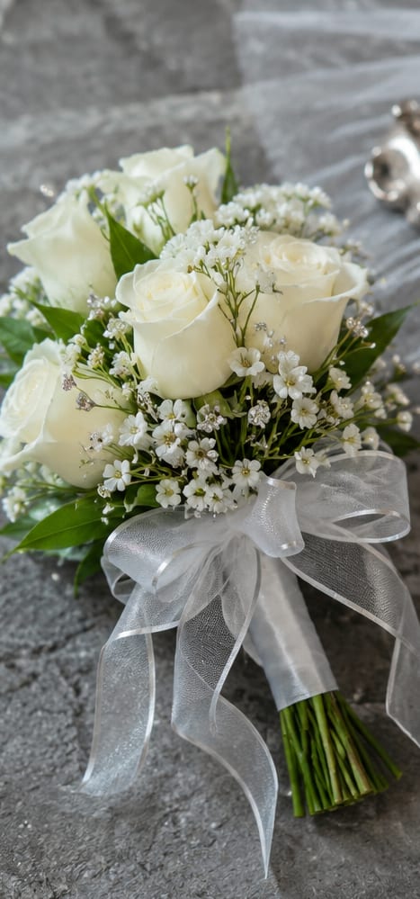 White Rose Nosegay  - Creamy white roses gathered in a compact, hand-tied nosegay create a quietly elegant statement for a wedding bouquet or a sympathy arrangement. The white rose nosegay is ideal for a bride who wants a refined, classic look or for sending a heartfelt condolence-the recipient will feel comforted by its soft, understated beauty.  Tightly clustered white roses are accented with small white filler blooms and a few glossy green leaves for gentle contrast, all bound into a neat hand-tied bundle. A large translucent white sheer ribbon bow finishes the stems, giving the bouquet a delicate, romantic texture and a clean, monochromatic palette that reads timeless and sophisticated.  Perfect for carrying down the aisle, placing beside a memorial, or presenting as a thoughtful, intimate gift, this compact arrangement suits moments that call for quiet grace. The nosegay's size makes it easy to hold and display; keep stems in fresh water and trim them slightly every few days to extend vase life.