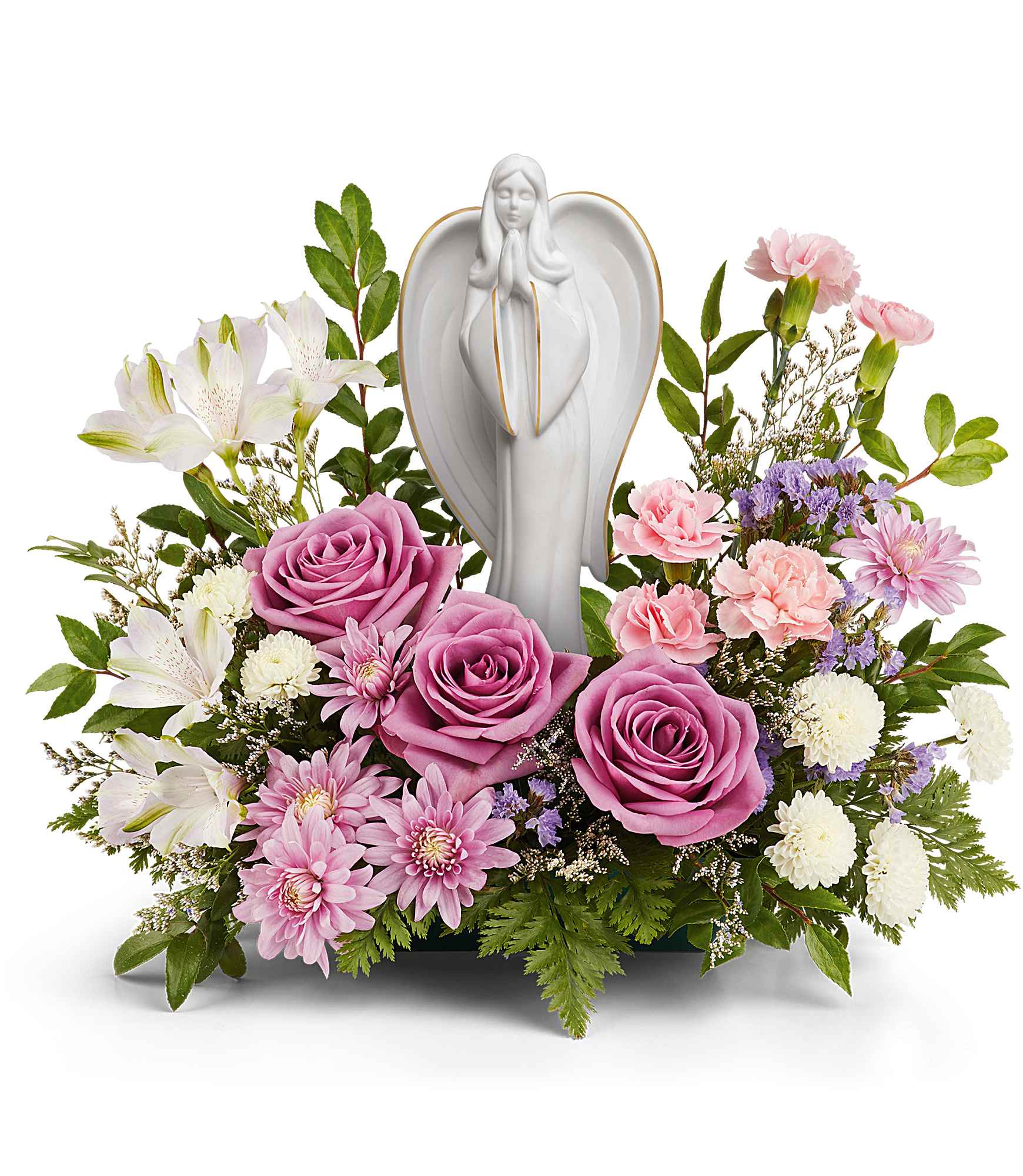 Ever So Loved Bouquet - Express gentle comfort and timeless grace with Teleflora's Ever So Loved Bouquet, a serene blend of lavender roses, soft pink blooms, and delicate white flowers surrounding a porcelain angel keepsake. Teleflora's Ever So Loved Bouquet includes lavender roses, light-pink alstroemeria, pink mini carnations, white button spray chrysanthemums, lavender cushion mums, lavender statice, and limonium. Accented with huckleberry and leatherleaf fern. Presented with an Angel of Grace keepsake. Approximately 15 1/2" W x 12 1/2" H 