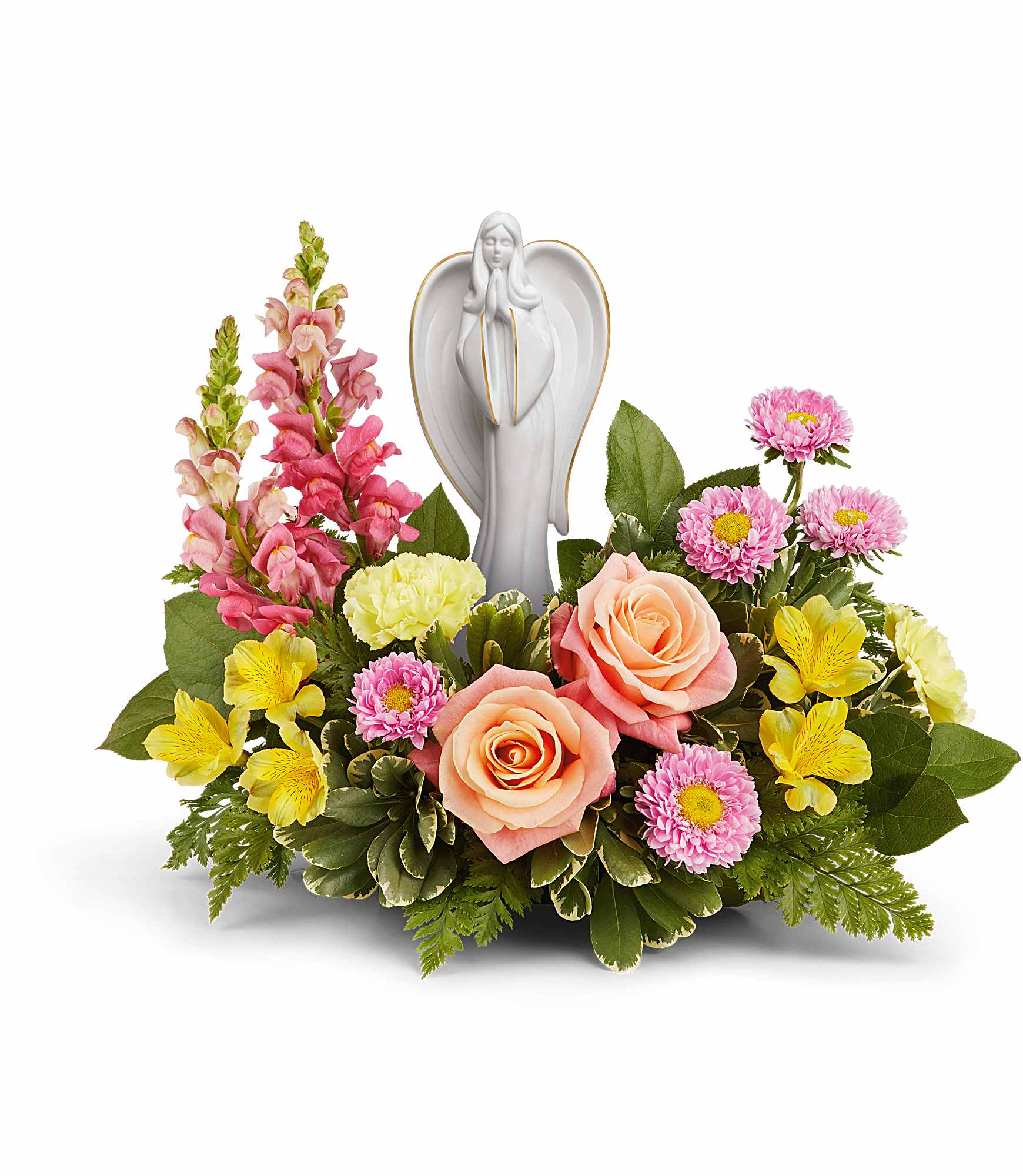 Angelic Bloom Bouquet - Radiating grace and serenity, Teleflora's Angelic Bloom Bouquet surrounds a keepsake porcelain angel with peach roses, yellow blooms, and pink accents-offering a gentle reminder of peace, comfort, and lasting beauty. Teleflora's Angelic Bloom Bouquet features peach roses, yellow alstroemeria, yellow carnations, hot pink snapdragons, and pink matsumoto asters, complemented by leatherleaf fern, variegated pittosporum, and lemon leaf. Presented with an Angel of Grace keepsake figurine. Approximately 17 1/2" W x 13 1/2" H 