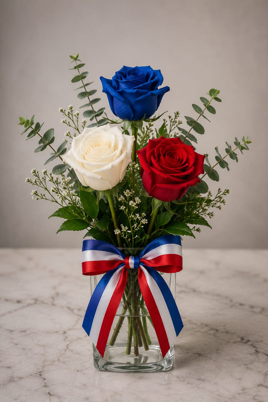 Honor - A trio of roses in blue, white, and red makes a quietly powerful statement-perfect as a patriotic sympathy arrangement or a commemorative bouquet for Memorial Day, Veterans Day, or an anniversary of service. This formal flower arrangement sends a respectful, celebratory message to the person you're honoring, letting them feel seen and remembered without ostentation.  Three roses are arranged upright in a clear glass vase with eucalyptus-like greenery and delicate filler sprigs that create a balanced, airy silhouette. A red, white, and blue ribbon is tied around the vase for a polished, commemorative touch. The mix of green foliage and the crisp red, white, and blue palette keeps the design fresh and tasteful.  Choose this arrangement when you want to mark a solemn or patriotic moment-a meaningful way to honor a veteran, comfort a family, or mark a civic celebration. The vase-ready size is easy to place on a mantel or reception table; keep water fresh and trim stems every few days to extend the life of the roses.