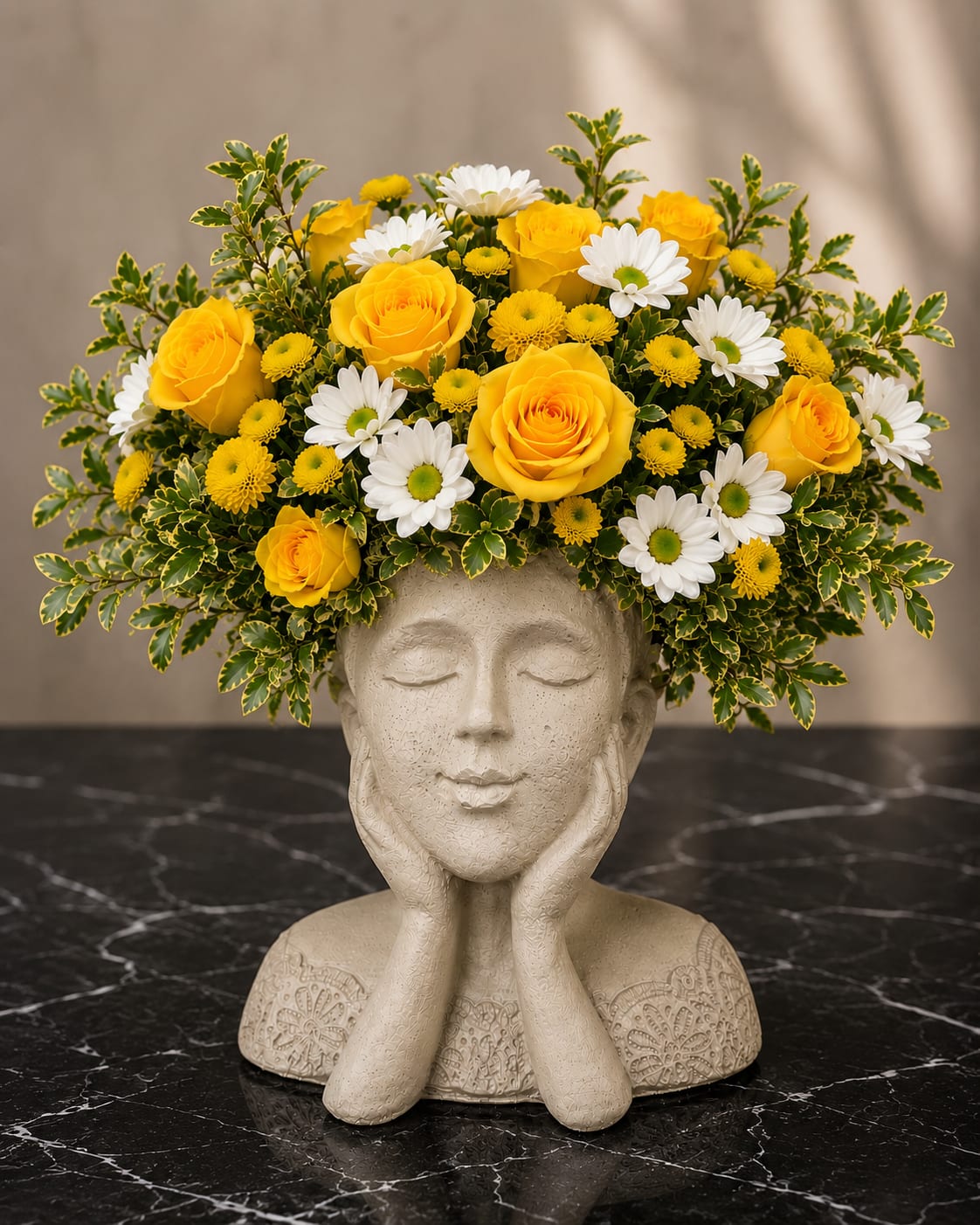 Sweet Thoughts - Sunny yellow roses paired with crisp white daisies make this yellow, white, and green bouquet an instant mood lifter-perfect as a birthday bouquet, a thank-you arrangement, or a bright spring gift that says "I'm thinking of you." The artistic ceramic planter shaped like a resting face and hands gives the piece a whimsical, sculptural presence so the person you send it to will feel genuinely noticed and celebrated.  This full, rounded design combines bright yellow roses, white daisy blooms, and small yellow chrysanthemum accents, artfully arranged with variegated greenery that fans outward for a lush, garden-like silhouette. The flowers sit in a decorative ceramic planter that doubles as a keepsake, adding texture and visual interest while keeping stems secure.  Ideal for sending to a friend, mom, or colleague who could use a cheerful pick-me-up, this arrangement arrives ready to display on a table or mantel. For best results, keep in fresh water, trim stems slightly every few days, and place away from direct heat to extend the life of the bouquet.