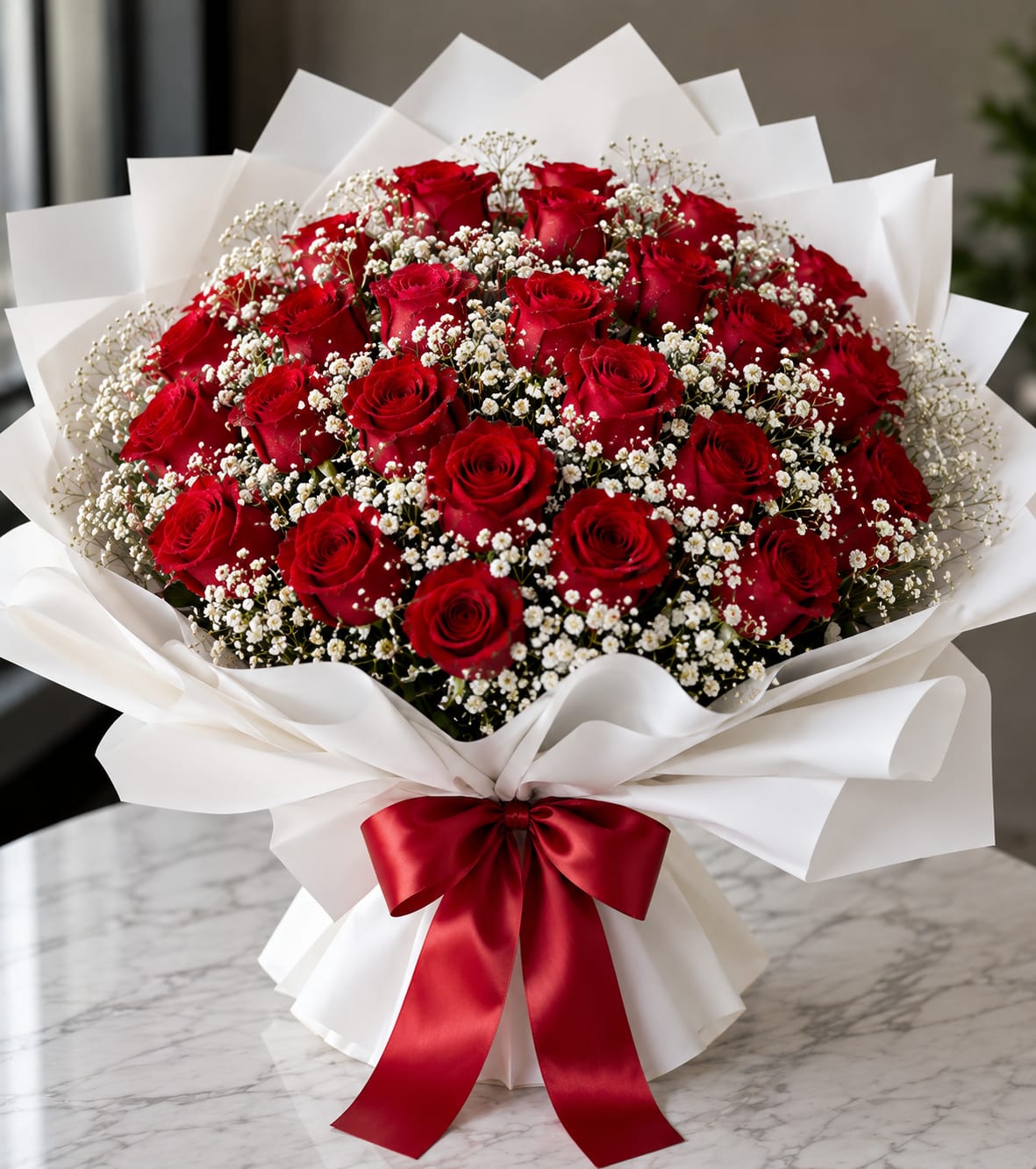 Infinite Love  - A dense dome of vivid red roses clustered with delicate white baby's breath creates an unmistakably romantic bouquet-perfect as anniversary roses, a Valentine's gift, or a heartfelt birthday bouquet for the person you love. The red-and-white contrast reads classic and polished, the kind of arrangement that says "I love you" with confident, timeless style while still working beautifully for other celebrations and special moments.  Tightly grouped red roses form the focal bloom, with airy sprays of baby's breath threaded through to add texture and lightness. The stems are wrapped in layered white paper that fans outward for an elegant silhouette and finished with a glossy red satin ribbon at the base, so it arrives ready to present. Sized to be hand-held and easy to place in a vase; refresh water and trim stems every few days to help the roses last.