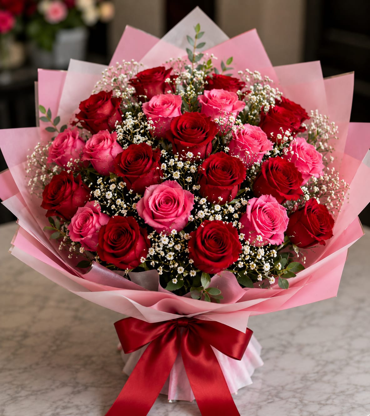 Eternal Romance - A lush cluster of red and pink roses makes an immediate romantic statement-perfect as an anniversary roses bouquet or a just-because romantic gesture. The arrangement reads as love and celebration at first glance: vivid crimson roses framed by softer pink blooms and bright white filler flowers, creating a contrast that's both passionate and tender for Valentine's Day, birthdays, or any moment you want someone to feel cherished.  Wrapped in layered pink paper and tied with a glossy red satin ribbon, the presentation is polished and gift-ready; the texture of the satin bow and the soft paper wrap enhances the bouquet's feminine, celebratory feel. Green foliage peeks between blooms to add freshness and depth. Sized for hand-delivery, it's ideal for surprising the person you're thinking of-the kind of arrangement that makes them feel truly seen and loved. Follow basic care by keeping stems in fresh water and trimming ends if you want the roses to last longer.