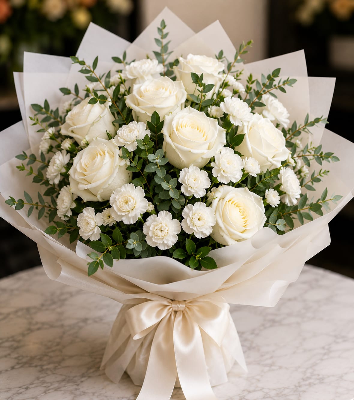 Pure love  - Creamy white roses and petite white carnations form a serene, rounded bouquet designed as a wedding bouquet, sympathy arrangement, or a refined everyday gift. The soft white palette and eucalyptus accents give the person you're thinking of a calm, elegant impression-perfect for marking a solemn moment, celebrating a union, or simply showing quiet devotion.  This full arrangement is wrapped in layered decorative paper and finished with a satin ribbon, creating a polished presentation that feels both classic and carefully styled. The mix of smooth rose petals, ruffled carnation texture, and airy eucalyptus adds visual depth and a gentle scent. Sizes and exact stem counts vary by selection; arrange for delivery to ensure the bouquet arrives fresh and ready to present.
