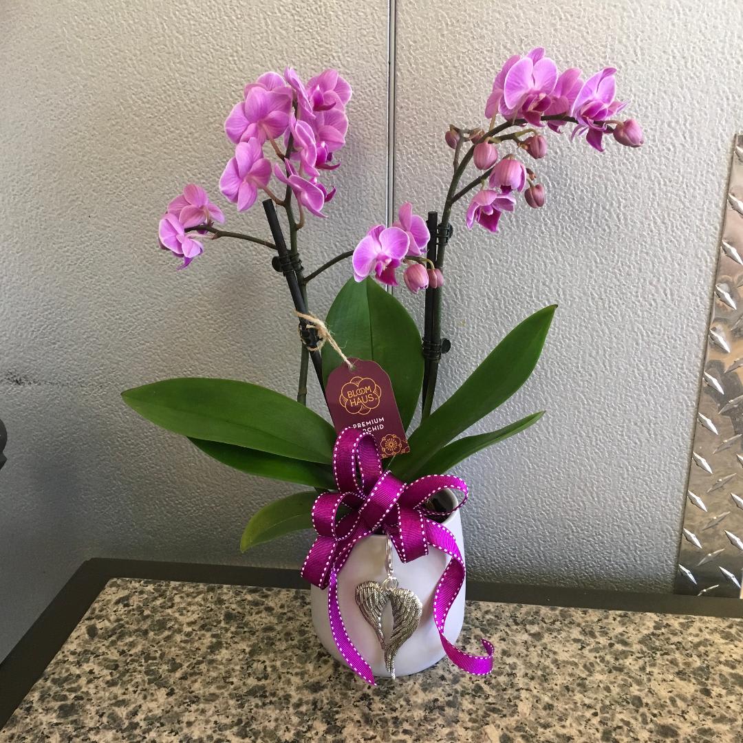 Purple Orchid &amp; Silver Angel Wings Charm - As shown - Approx. Height 18"