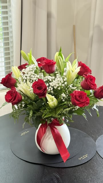 Red Roses &amp; White Lilies Arrangement | Flower Delivery Midland, TX - A timeless floral arrangement featuring fresh red roses, fragrant white lilies, baby's breath, and lush greenery in an elegant keepsake vase. Perfect for birthdays, anniversaries, congratulations, or just because. Handcrafted by Lone Star Gifts and available for same-day flower delivery in Midland, Odessa, and surrounding Texas communities.