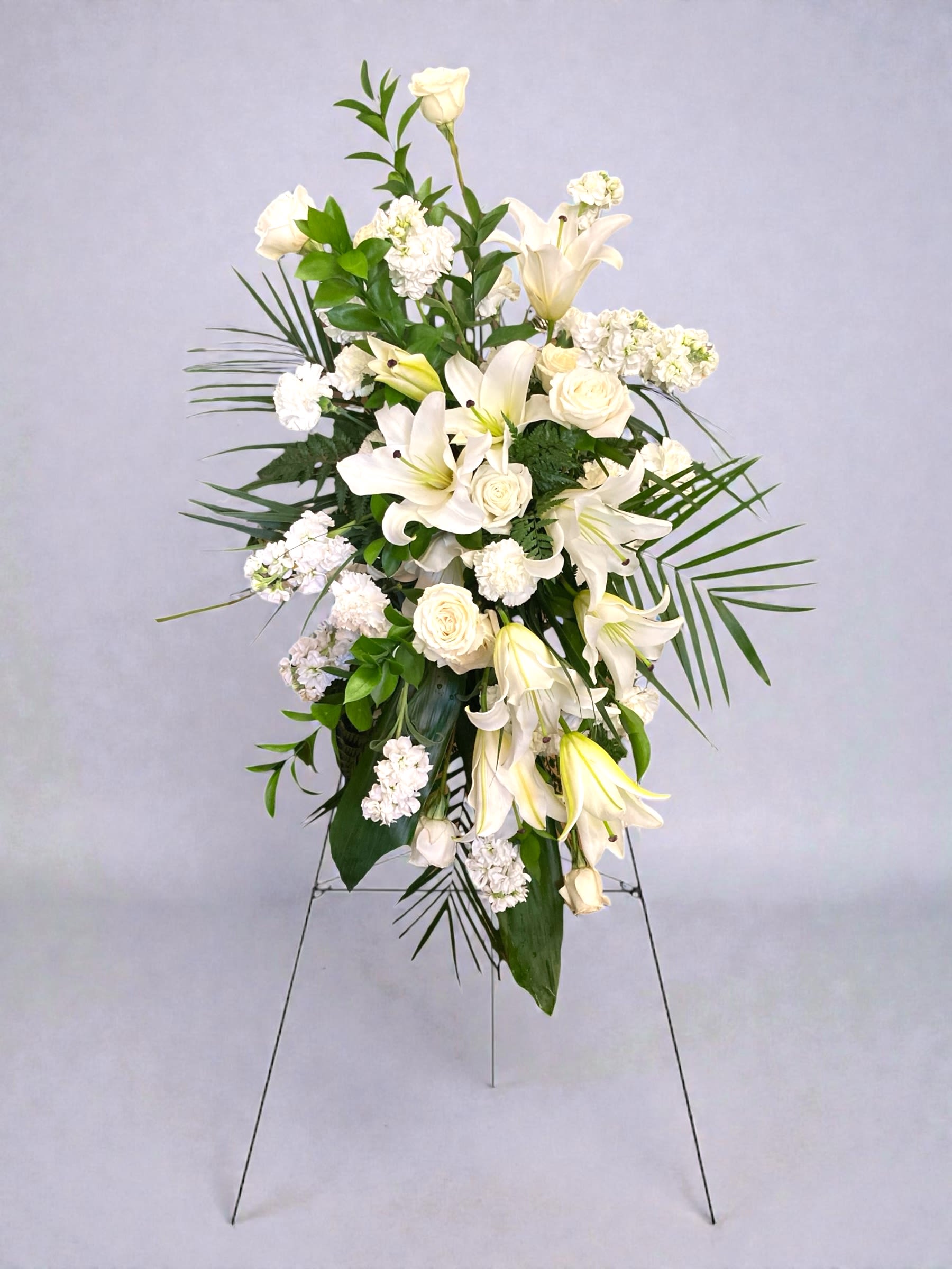 Tranquility Easel Spray - Elegant, all-white standing sympathy arrangement built to convey calm and reverence, a sympathy or memorial tribute.    