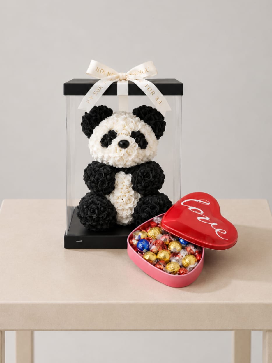 Rose Panda &amp; Chocolate Love Gift Set - A beautiful gift set featuring a handcrafted rose panda in a clear acrylic display box, paired with a heart-shaped tin filled with assorted Lindt Lindor chocolates. A sweet and memorable gift perfect for any special occasion.   Panda design may vary based on availability. Overall style and quality remain the same.”