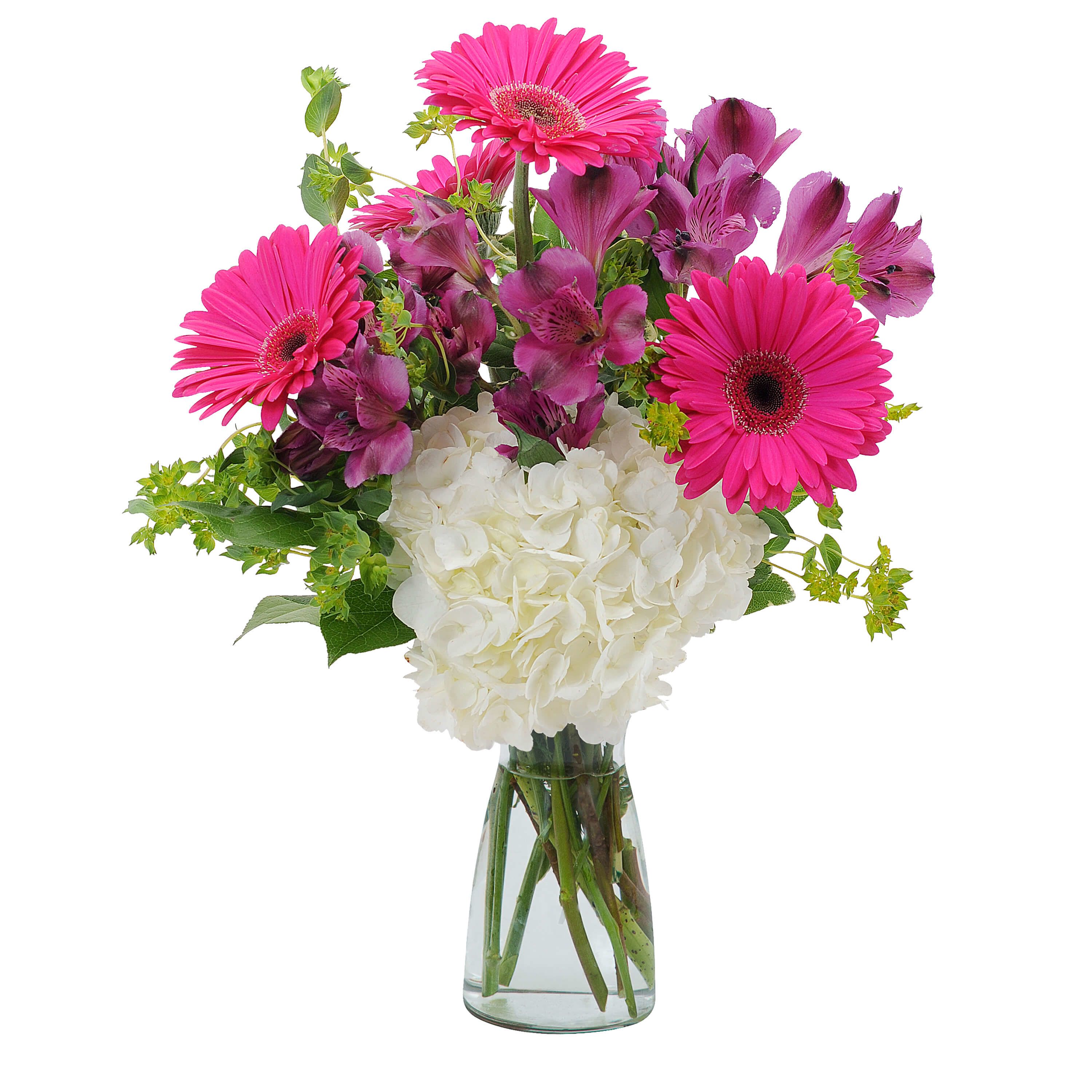 Too Cute - Bright pink gerbera daisies, white hydrangea and alstroemeria arranged in a clear glass vase is just too cute. This arrangement would be perfect on a kitchen island or coffee table.  Recipe (as pictured)