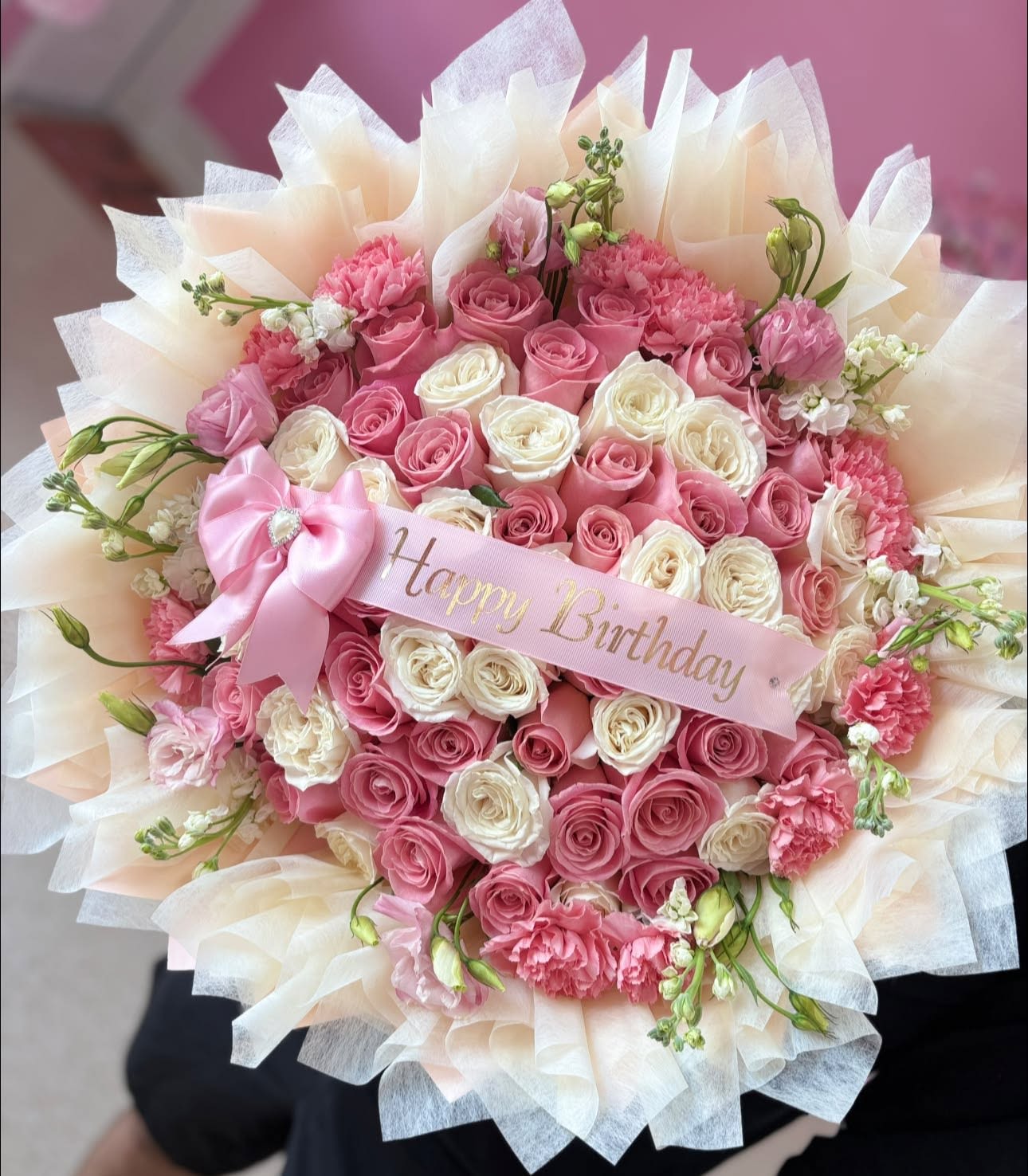 pink desire - 100 pink white roses mixed with greenery