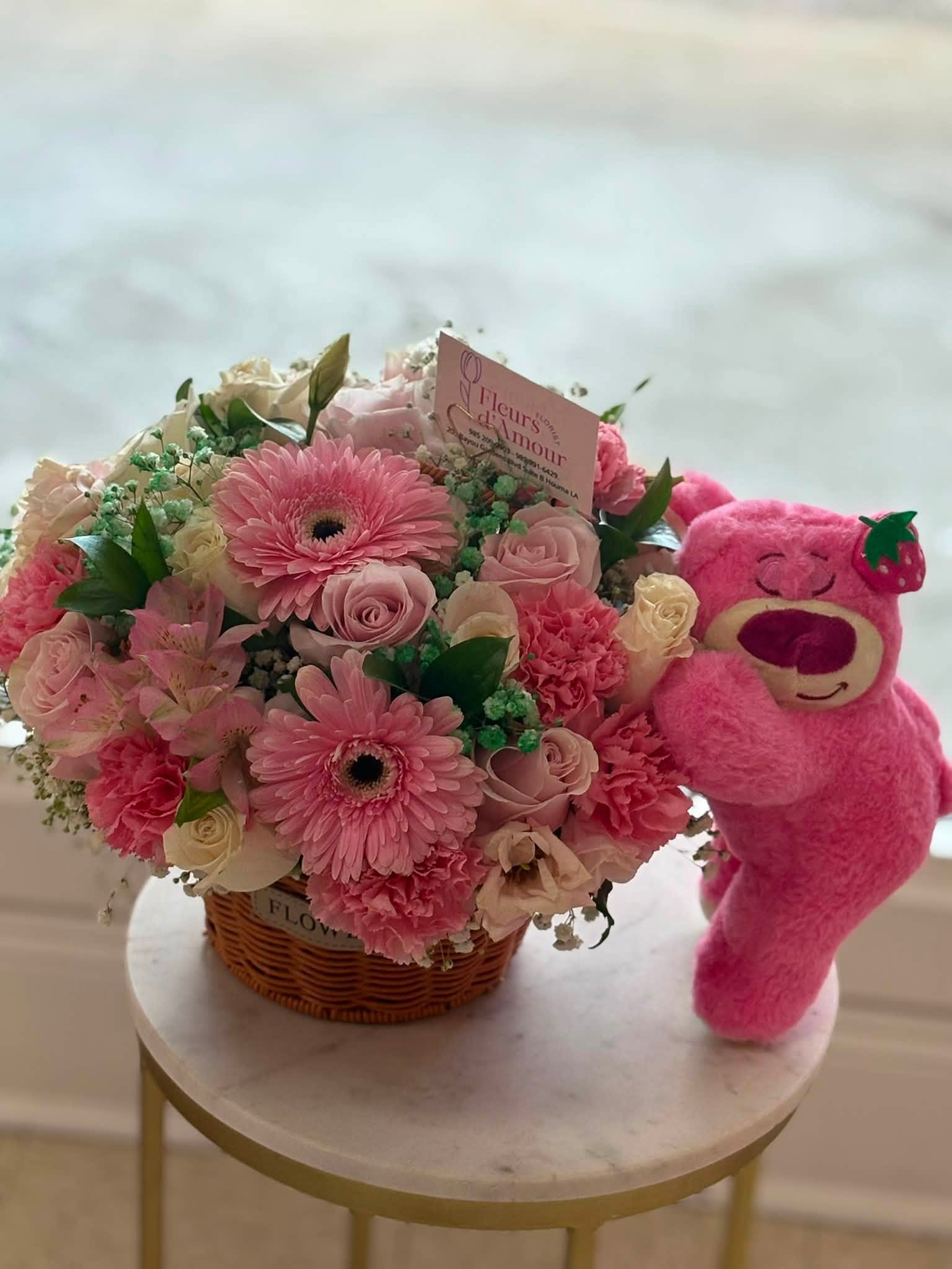 hug me - mixed flowers with teddy bear