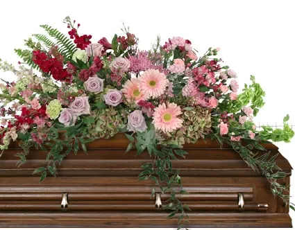 Eternal Meadow Casket Spray - Eternal Meadow is a serene casket spray embodying everlasting tranquility. Create a peaceful final tribute adorned with delicate pink gerberas, soft lavender roses, and bells of Ireland. Its beauty captures the essence of a timeless meadow, where memories bloom and linger. Order this beautiful piece to honor a loved one today.  Includes: Casket Saddle W, Baby Blue Eucalyptus, Seeded Eucalyptus, Italian Ruscus, Israeli Ruscus, Sword Fern, Purple Alstroemeria, Bells Of Ireland, Green Carnations, Pink Mini Carnations, Pink Gerberas, Antique Hydrangeas, Pink Larkspur, Lavender Roses, Pink Snapdragons, Lavender Spider Mums, Raspberry Stock, White Waxflower.