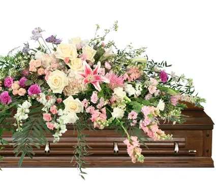 Cascading Calm Casket Spray - Elegantly cascading in hues of pink and white, Cascading Calm is a tender tribute to a loved one. With a harmonious blend of hydrangeas, roses, snapdragons, stargazer lilies, and daisy poms, each blossom whispers a story of love and remembrance. The delicate petals offer comfort in the midst of sorrow.  Includes: Casket Saddle W, Seeded Eucalyptus, Emerald Palm, Plumosus, Italian Ruscus, Salal, Flat Fern, Dried Mushrooms, White Carnations, Pink Mini Carnations, Light Purple Moon Carnations, Pink Hydrangeas, Pink Larkspur , Stargazer Lily, Lavender Daisy Poms, White Roses, Blue Scabiosa, Pink Snapdragons, Lavender Spider Mum, Blush Spray Roses, White Stock, White Waxflower.