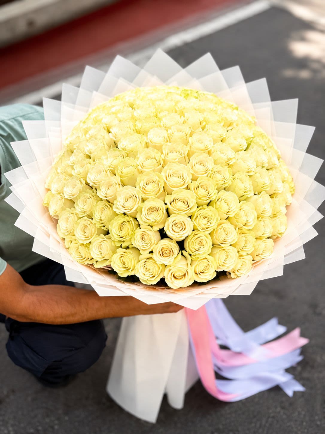 Ivory Dream Luxury Rose Bouquet (100 White Roses) -  Nothing says elegance like 100 premium white roses. Our Ivory Dream Luxury Bouquet is handcrafted using fresh long-stem roses with a modern Korean wrapping style, making it one of our most luxurious floral arrangements.  Perfect for weddings, anniversaries, proposals, sympathy, grand openings, and luxury gifting.    