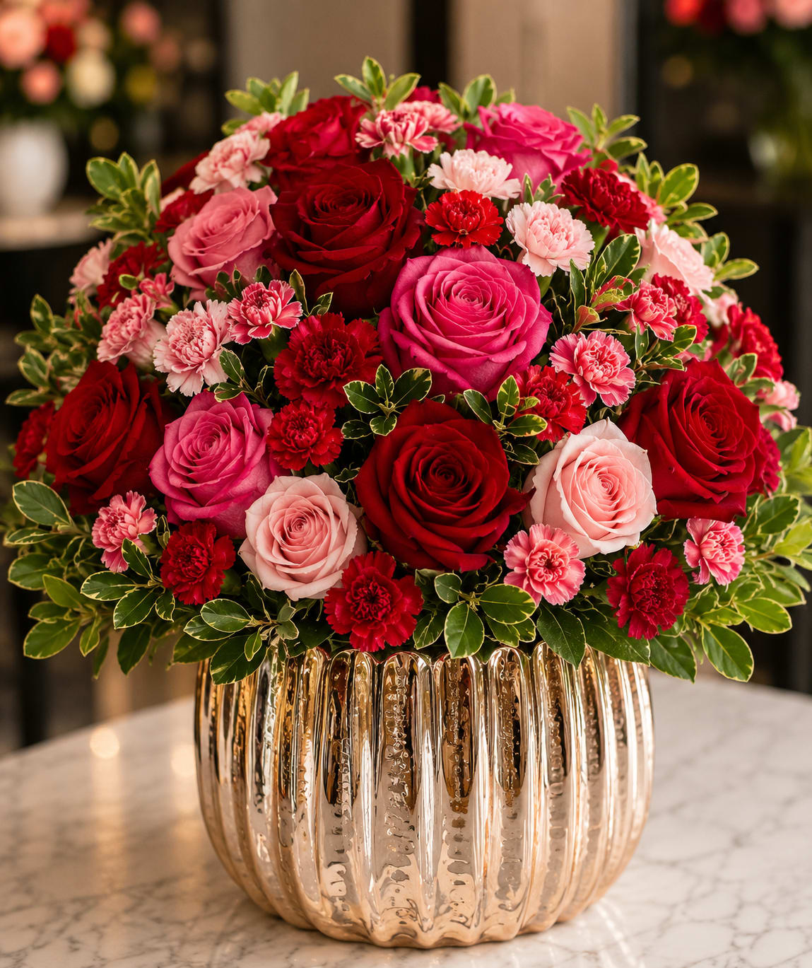 Reflection of Love - A lush cluster of red and pink roses with soft carnations creates an immediate impression of romance and celebration-perfect as an anniversary roses bouquet or a Valentine's Day arrangement to make the person you're thinking of feel cherished. The rounded, tightly packed shape reads as abundant and intentional, the kind of floral gift that says "you matter" the moment it's placed in a room.  The arrangement pairs velvety red and blushing pink roses with petite carnations and variegated greenery for texture and contrast, all arranged densely for a layered, garden-fresh look. Blooms sit in a reflective gold metallic vase that adds a polished, luxurious touch and catches the light to highlight the rich colors; overall scale is compact but generous, designed to sit beautifully on a table or desk without overwhelming the space.  Ideal for anniversaries, Valentine's Day, birthdays, or simply to brighten someone's day, this arrangement reads as both romantic and celebratory-she'll feel truly seen when these flowers arrive. Standard care: keep water fresh, trim stems occasionally, and place out of direct heat to extend vase life.