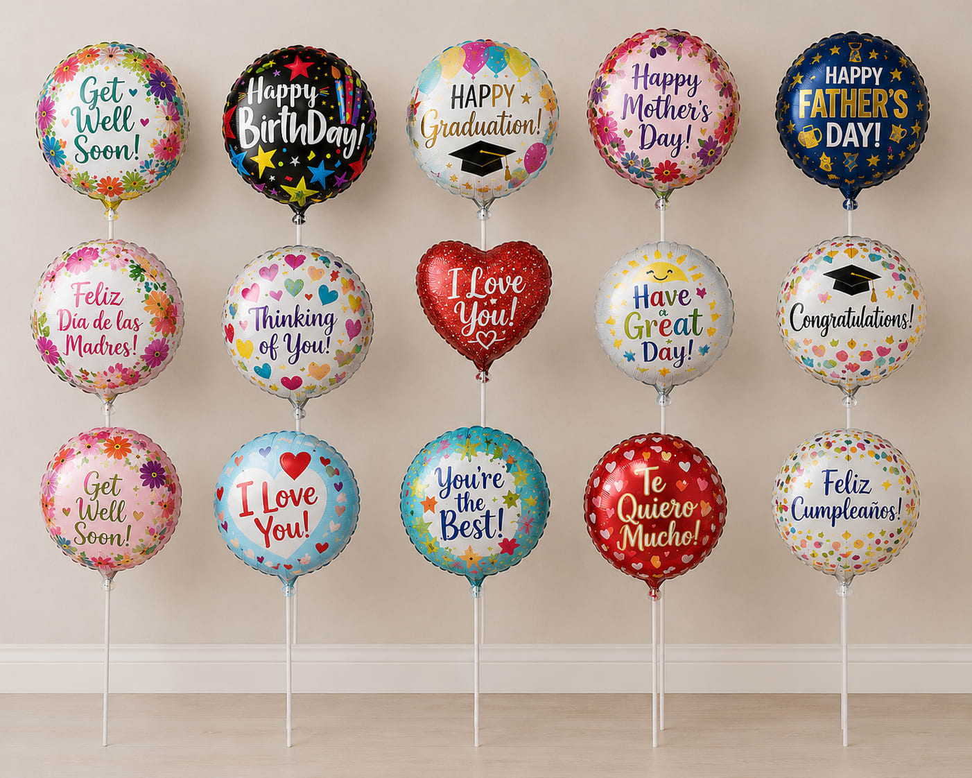 Balloons for Every Occasion - Bright, celebratory foil balloons on sturdy sticks-perfect as a birthday bouquet, graduation gift, get well surprise, or cheerful "thinking of you" pick-me-up. This mixed-color display combines round and heart-shaped balloons in white, pink, blue and confetti patterns with printed messages for birthdays, graduations, Mother's Day, Father's Day and general encouragement, so the person you're celebrating will feel noticed and uplifted the moment they see it.  The arrangement sits on individual balloon sticks for easy display in a vase, gift basket, or tabletop holder; no helium required. Bright mixed colors and playful prints give it a festive, casual look that pairs well with floral gifts or stands alone as a joyful accent. Because the pieces are foil, they hold their shape and message longer than latex, making this a reliable option when you want the sentiment to last through a special day.  Choose this set when you want a versatile, fuss-free gift that reads as instantly happy and personal-ideal for birthdays, congratulations, and quick get-well gestures. Order with same-day pickup or local delivery where available; to keep the display looking its best, place away from sharp objects and extreme heat.