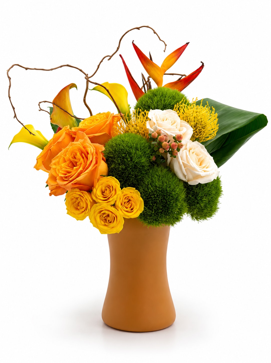 Golden Canopy (V Signature™)  - Warm, modern, and effortlessly sophisticated, Golden Canopy™ is a contemporary tropical arrangement inspired by golden sunshine filtering through lush island foliage. Featuring striking Birds of Paradise, premium roses, elegant calla lilies, sculptural pincushion protea, Green Trick dianthus, hypericum berries, natural curly willow, and dramatic tropical greenery, this design offers a beautiful balance of structure, texture, and movement.  A vibrant palette of golden yellow, warm orange, crisp white, and rich emerald green creates a cheerful yet refined composition that feels fresh from every angle. The sculptural silhouette and artistic accents make Golden Canopy™ a standout piece for those who appreciate modern floral design with a tropical twist.  Handcrafted by the designers at Velvet Stems using the freshest premium blooms available, each arrangement is uniquely designed while remaining true to the overall style, color palette, and luxurious presentation shown.  Flower varieties may vary slightly based on seasonal availability while preserving the overall design, color palette, and luxurious tropical style.