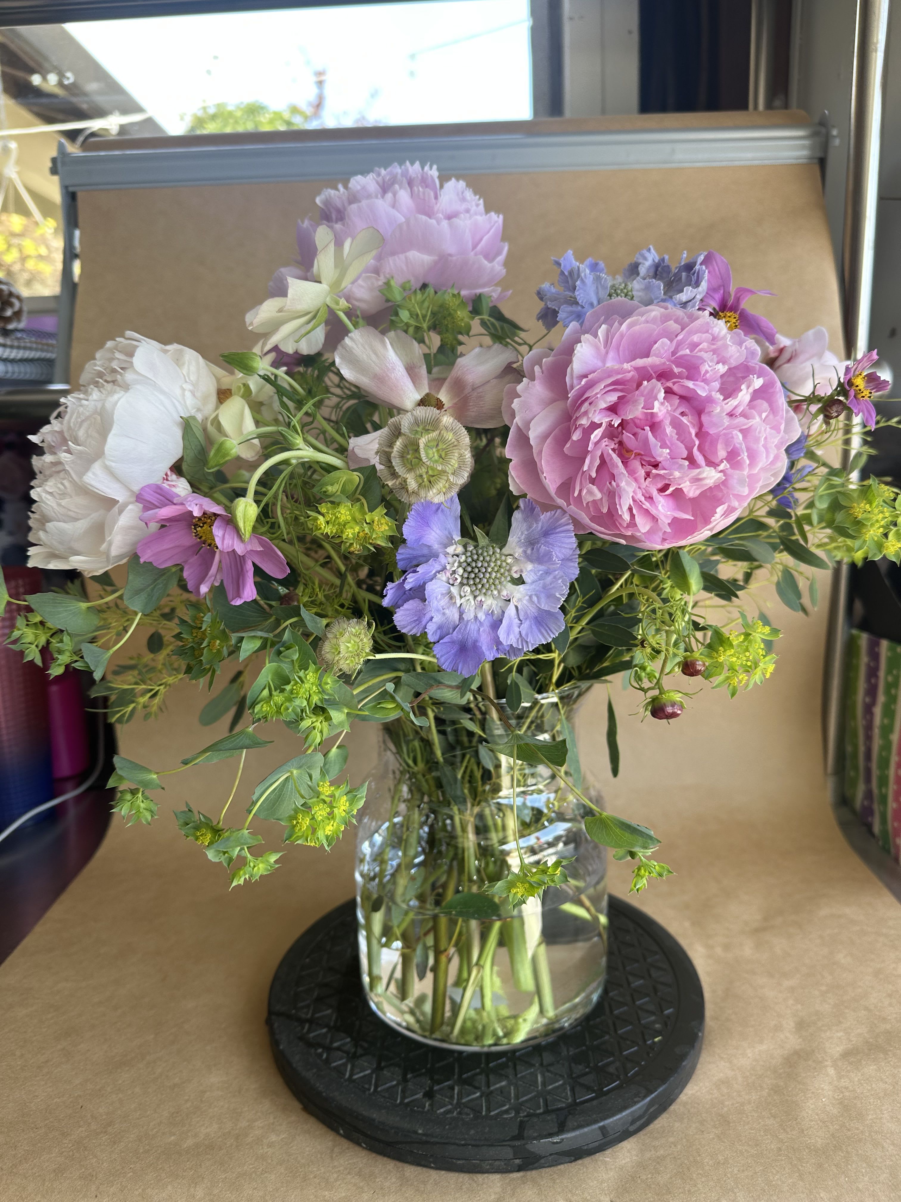 PEONIES IN THE WILD - BEAUTIFUL ARRANGEMENT OF PEONIES, SURROUNDED BY WILDFOWERS LIKE: BUTTERFLY, SCABIOUS, STARFLOWERS ,BUBLEPERUM, FOR ANY OCASION.