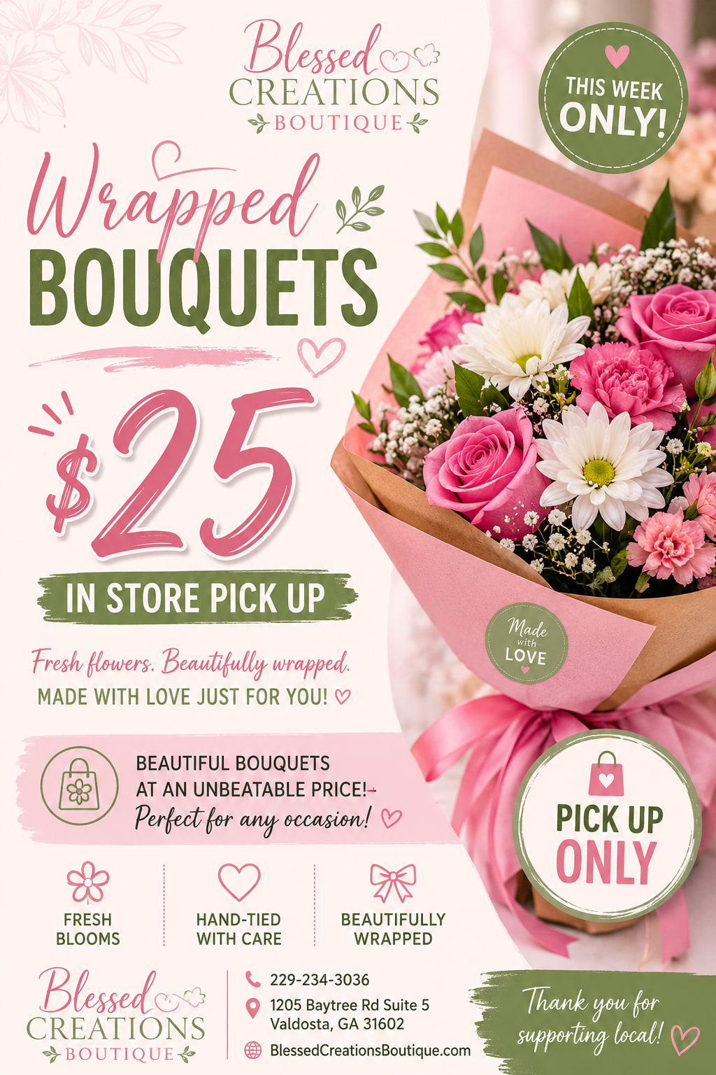 This weeks $25 in-store special  - Price: $25 Availability: In-Store Pickup Only Please Note: This special is available for a limited time while supplies last. Designer’s Choice means our florists select the flowers, colors, and wrapping based on the freshest blooms available each day.