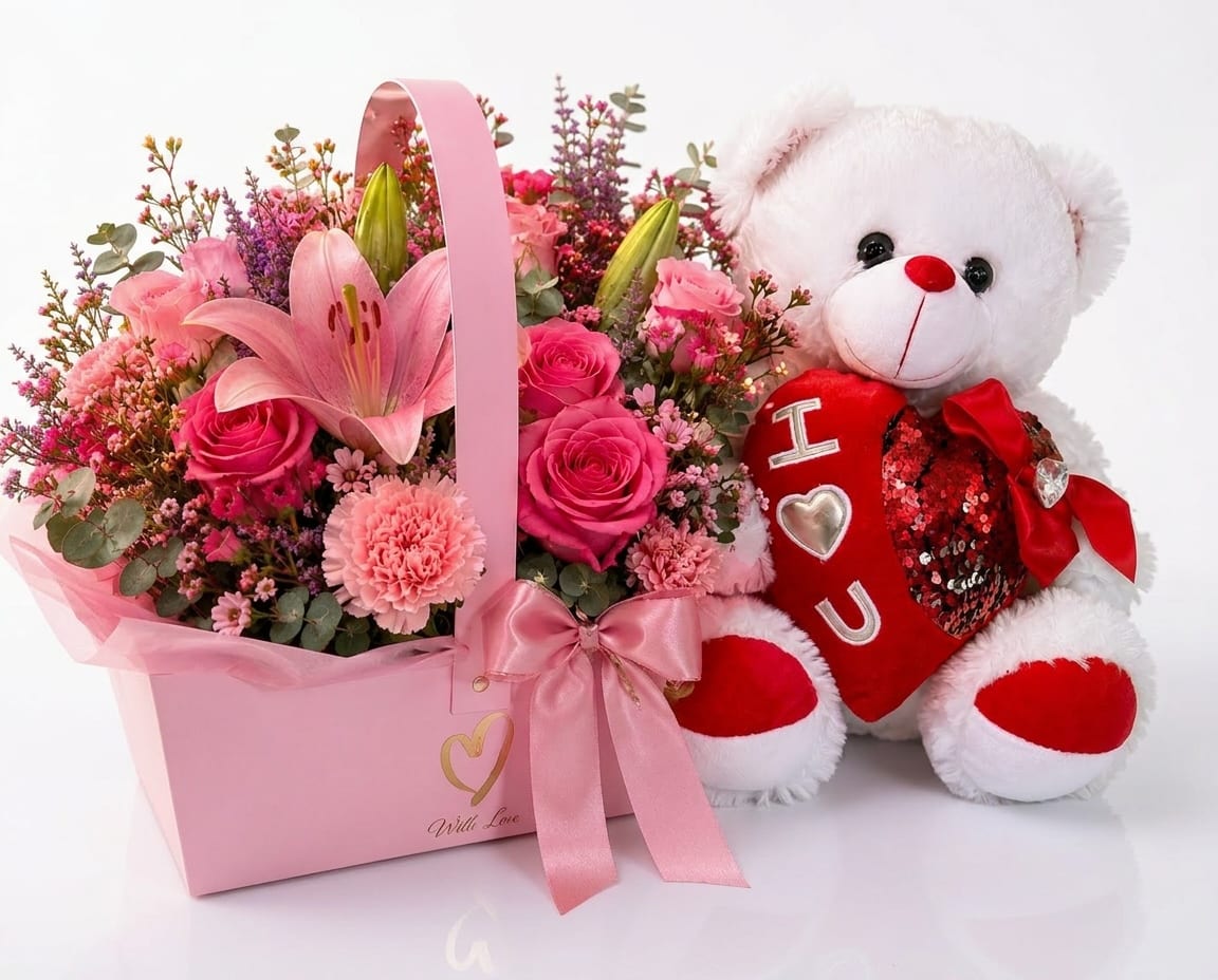 Sweet Love Floral Gift - A lush cluster of bright pink roses and a large pink lily creates an immediate romantic impression in this flower arrangement-perfect as a Valentine's Day bouquet or an anniversary floral gift to make someone feel adored. Built into a pink handled gift box and finished with a satin ribbon, the presentation reads as feminine and celebratory; the included white teddy bear clutching a red heart turns the surprise into a keepsake they'll smile at long after the flowers fade.  Inside the pink box you'll find tightly arranged roses, carnations, daisies and small purple-pink filler blooms for a full, textured look that feels both classic and playful. The palette of pinks with accents of red, white and purple gives strong visual contrast while staying sweet and cohesive. A decorative bow and heart-shaped plush complete the set, making this a ready-to-give, all-in-one romantic gift that says "you're cherished" to the person you're celebrating.