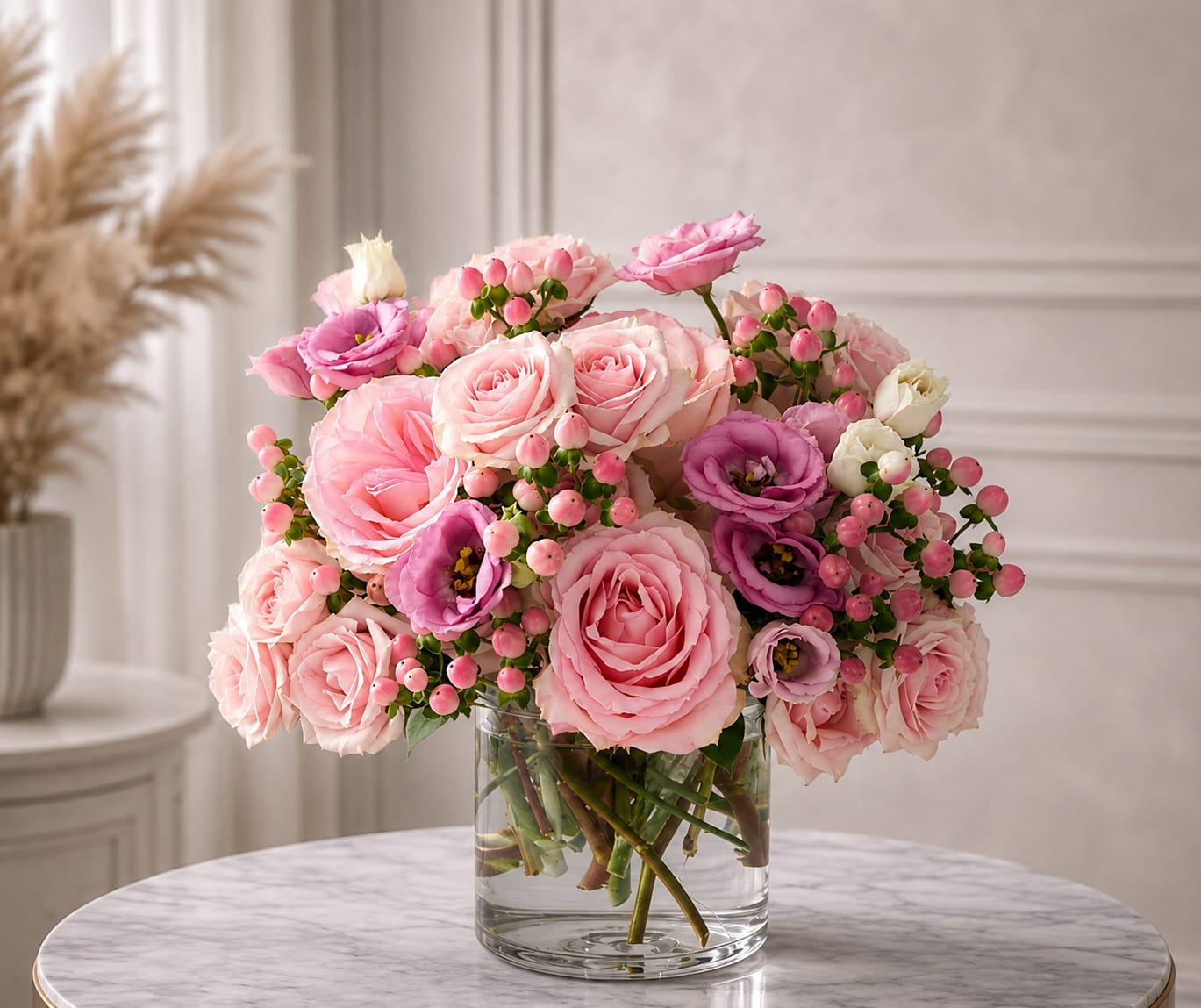 Blush Reverie - A romantic garden-style arrangement designed in soft shades of blush, ballet pink, and delicate mauve, Blush Reverie is the kind of piece that instantly softens a room. Featuring lush pink roses, airy lisianthus, and playful berry accents arranged in a clear glass vase, this design feels feminine, polished, and effortlessly elegant. It’s perfect for birthdays, baby showers, anniversaries, a sweet “thinking of you,” or simply adding beauty to someone’s day.  Designed with Bloom In Glory’s signature elevated touch, Blush Reverie blends classic romance with a fresh, modern softness—making it a beautiful choice for gifting or styling a space with graceful color and texture. Perfect for birthdays, celebrations, thank-you gifts, baby showers, or just because.    pink flower arrangement, blush floral arrangement, luxury pink roses, romantic flower delivery, feminine floral design, pink rose bouquet in vase, blush and mauve flowers, luxury florist Orlando, elegant pink centerpiece, premium flower arrangement, lisianthus arrangement, birthday flower delivery, anniversary flowers, baby shower flowers, soft pink floral design, romantic roses arrangement, luxury gift flowers, fresh flower arrangement Orlando, Bloom In Glory flowers, garden-style floral arrangement
