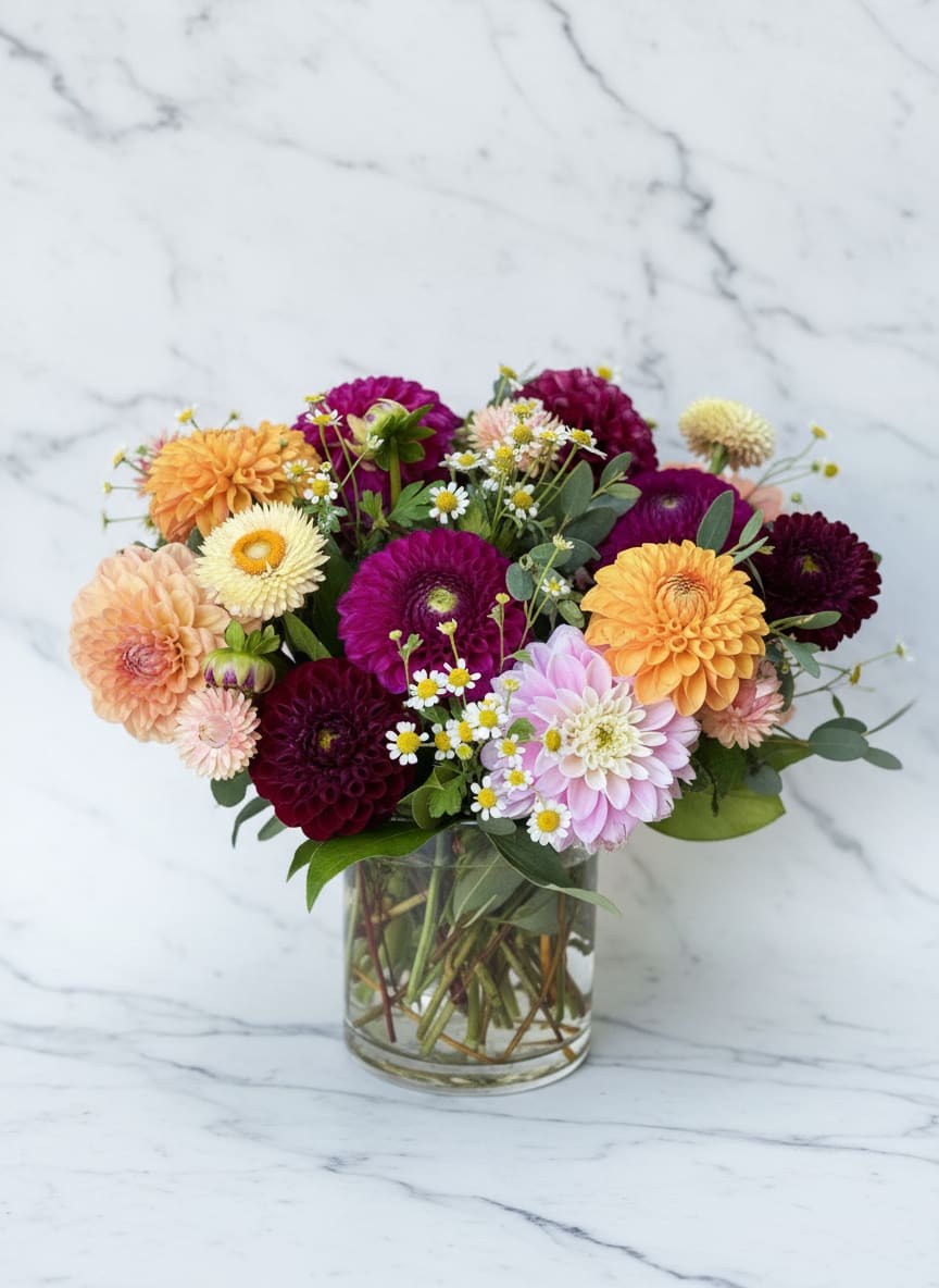 Dahlia Daze - A lively burst of color, this dahlia arrangement is made to make someone feel joyfully noticed - perfect as a birthday bouquet, a cheerful thank-you, or a "just because" surprise. The hand-tied flower arrangement places rich purple and magenta dahlias alongside peachy orange and soft pink blooms, so the person you're sending to will see a layered, garden-fresh palette that reads both elegant and exuberant.  Dense clusters of dahlias create the arrangement's plush texture, while small white-and-yellow daisy-like accents brighten the composition and add a playful contrast. Stems are gathered in a clear cylindrical glass vase so the natural lines and water show through, giving a casual, freshly-cut look. The overall effect is full and colorful without being fussy, ideal for spring celebrations or everyday moments when you want someone to feel truly seen.  This piece suits recipients who love bold color and a natural, garden-style feel - mothers, friends, coworkers, or anyone celebrating a small victory. Delivered ready to display in its glass vase; keep flowers in fresh water and out of direct heat to help extend blooms.