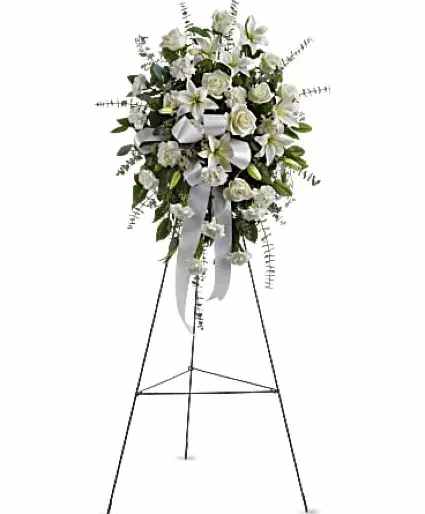 Tranquil Sympathy Sympathy Flowers - The lovely spray includes white roses, white Asiatic lilies and white carnations, accented with assorted greenery.