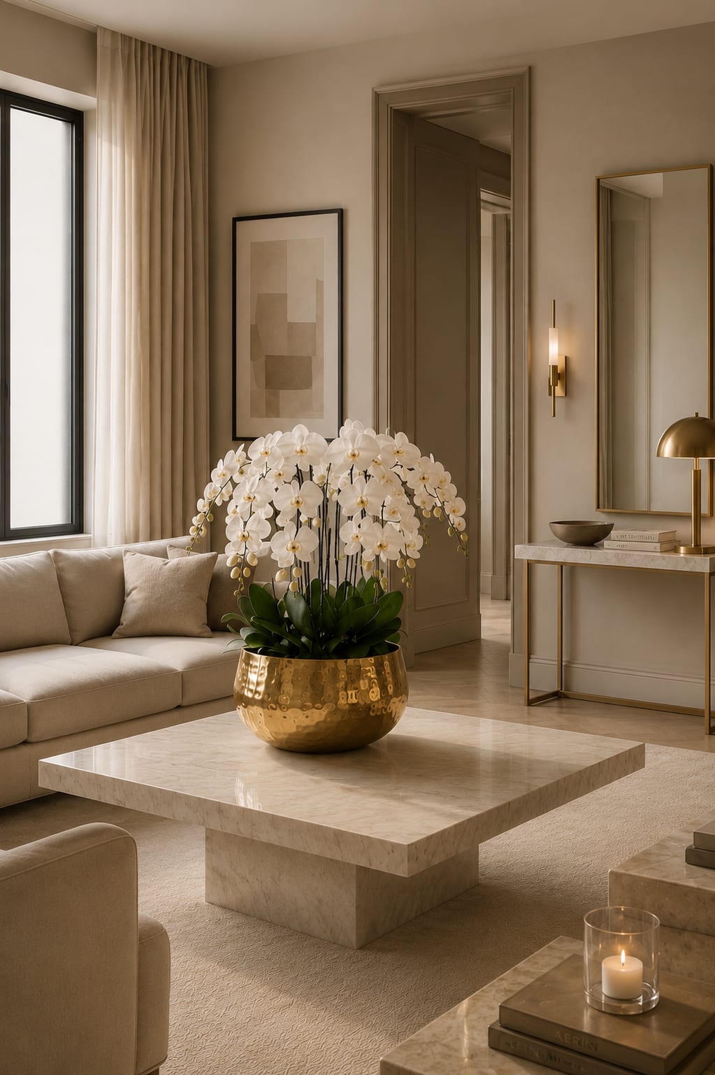 White Phalaenopsis Orchid Arrangement – 14 Stem Minimal Luxury - Fourteen Luxury White Phalaenopsis orchid Arrangement designed for gifting with a Gold Vase 15.5” x 7”. We offer flower delivery, same day flower delivery, orchid delivery, and same day orchid delivery in Miami Dade Broward and Palm Beach 