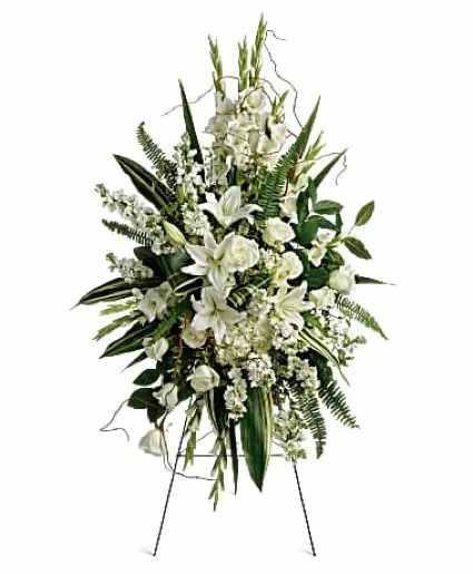 Deepest Condolences - A peaceful display of your deepest condolences, this Beautiful white spray of hydrangea, roses and lilies brings a natural serenity to the service.