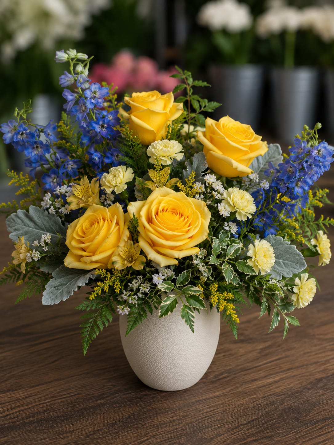 Coastal Sunshine - Bright, cheerful, and effortlessly elegant, this arrangement captures the warmth of a sunny day along the coast. Vibrant golden roses are paired with striking blue delphinium and soft yellow alstroemeria, while delicate mini carnations, golden solidago, and silvery dusty miller add texture and movement. Lush seasonal greenery completes the design, creating a fresh garden-inspired arrangement that radiates joy and sophistication.  Designed in a contemporary ceramic vase, this stunning bouquet is perfect for birthdays, congratulations, thank-you gifts, get well wishes, new beginnings, or simply brightening someone's day. Its uplifting combination of sunshine yellow and tranquil blue makes it a memorable gift for any occasion.