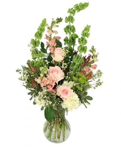 Peaceful Greens Flower Arrangement - Peaceful Greens is a soothing arrangement that combines white hydrangeas, green button poms, pink roses and snapdragons, and safari sunset. With its soft colors, this bouquet offers a tranquil and comforting presence. Sending Peaceful Greens is a thoughtful way to convey your condolences.  Includes: Bells Of Ireland, White Hydrangeas, Green Button Poms, Pink Roses, Safari Sunset, Pink Snapdragons, White Waxflower, Greens: Variegated Pittosporum, Israeli Ruscus, Gathering Vase.