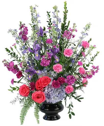 Pleasant Memories Sympathy Flowers - Remember the happy times of your loved one with this lovely arrangement. Moon carnations, hydrangeas, roses, stock, and more radiate with purples, pinks, and blues in Pleasant Memories. Offer your condolences by sending this arrangement today.  Includes: Black Urn, Italian Ruscus, Leather Leaf, Myrtle, Salal, Sword Fern, Hot Pink Carnations, Purple Moon Carnations, Purple Moon Mini Carnations, Caspia, Light Blue Delphinium, Blue Hydrangeas, Blue Iris, Purple Larkspur, Hot Pink Roses, Purple Stock.