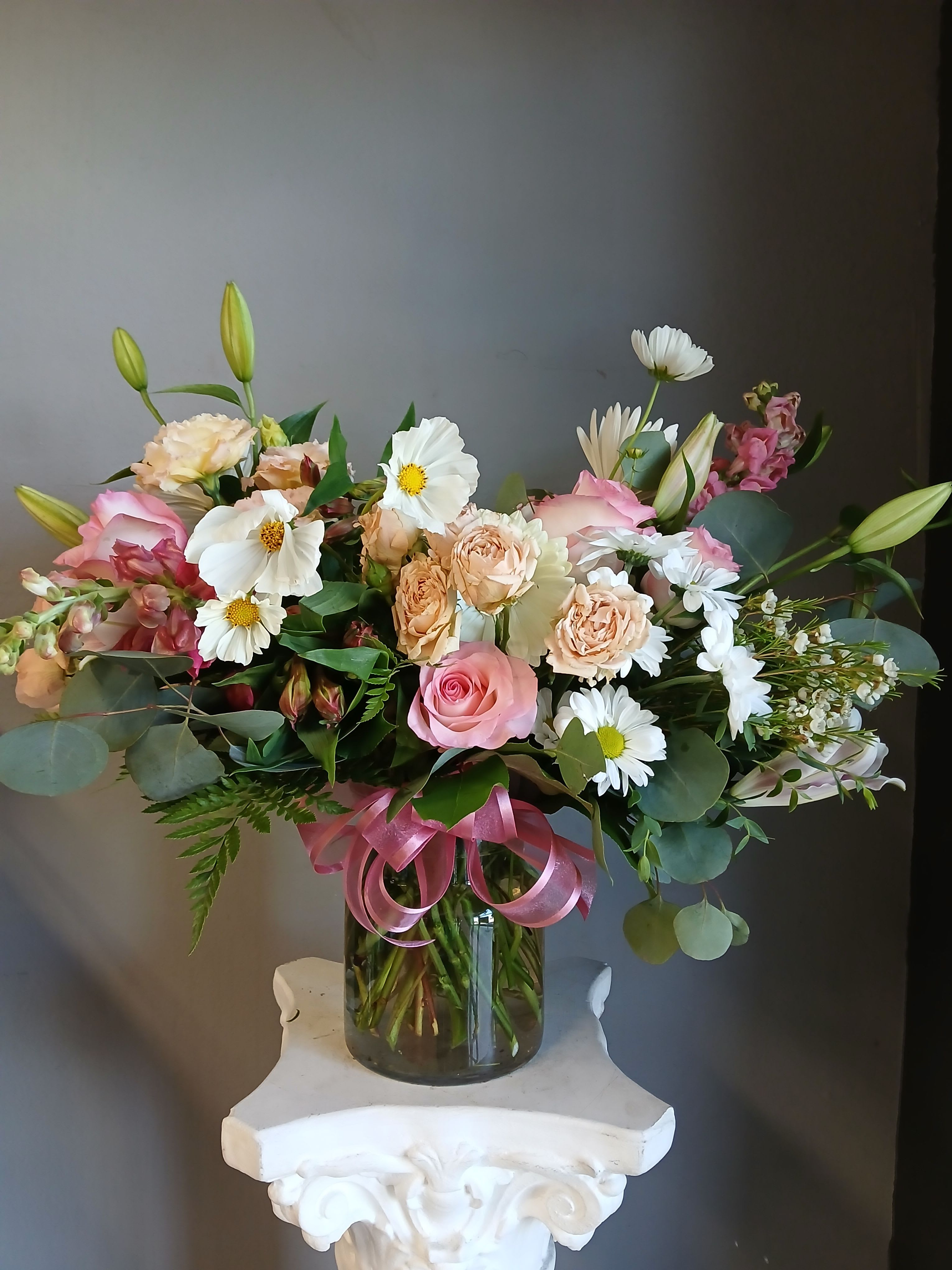 #755 Designer's Choice Vase Arrangement  - This beautiful flower arrangement of fresh mixed seasonal blooms is made by local designers in the heart Orange California. Hand crafted and perfect for every occasion, from birthdays and new babies to sympathy and just because. The best choice to show you are thinking of that special someone. Can be sent as a local delivery or in-store pickup. This is an original, one of a kind arrangement. Order now before it's too late! 