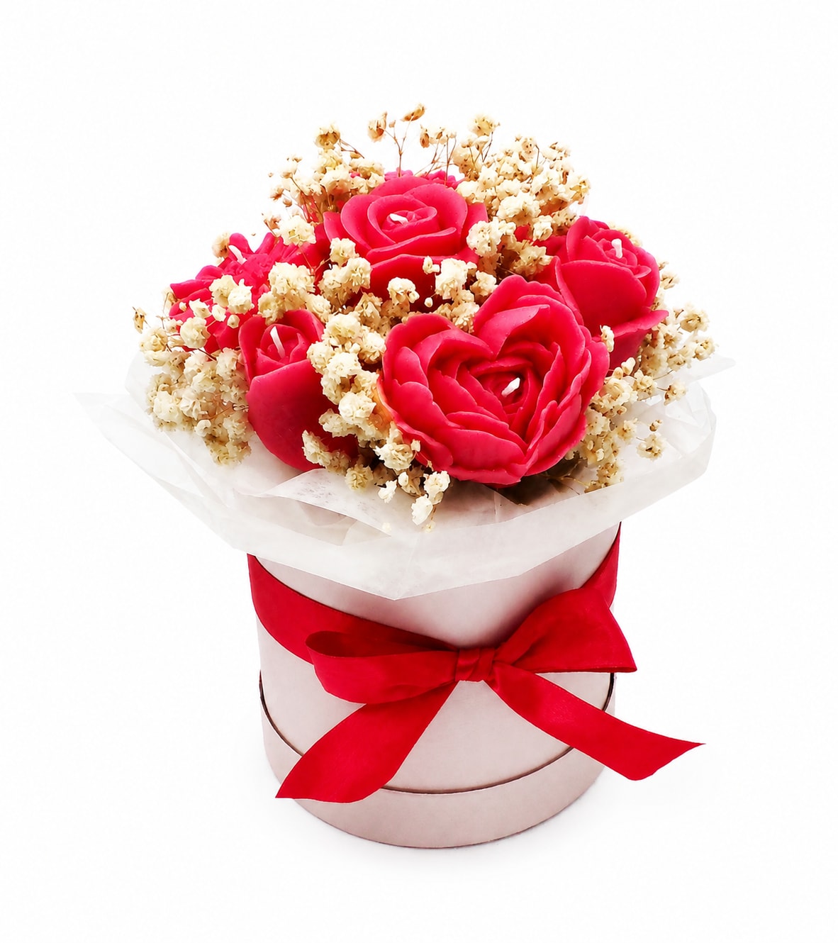 Everlasting Rose Candle Bouquet - Indulge in timeless elegance with our Everlasting Rose Candle Bouquet, a luxurious handcrafted arrangement featuring 20 delicately sculpted rose-shaped candles, each infused with a soft romantic rose fragrance. Accented with airy preserved baby’s breath and white bunny tails, beautifully presented in a large, elegant keepsake to radiate warmth and sophistication.