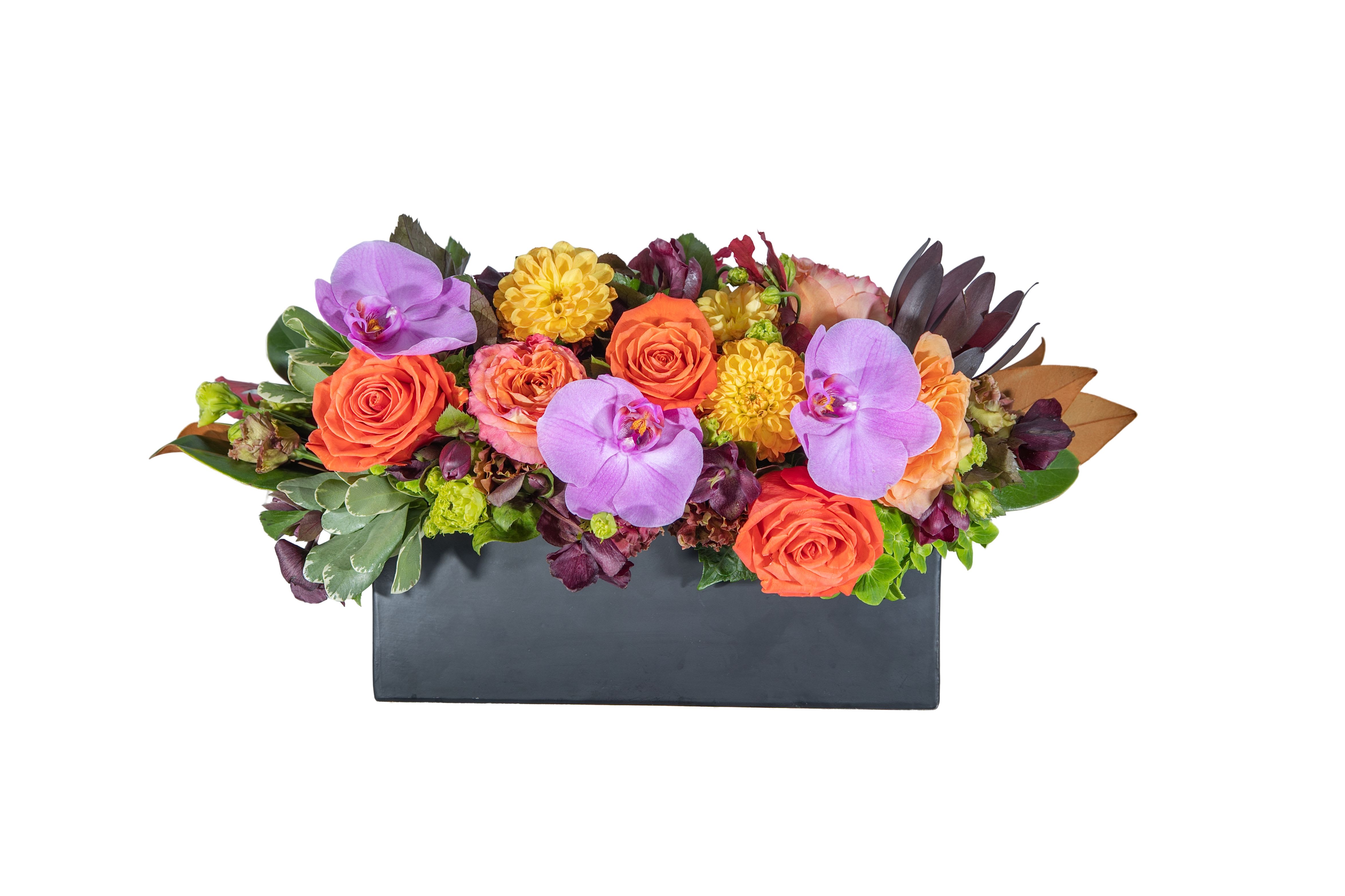 Mixed bouquet of orange roses and purple orchids in a black rectangular container