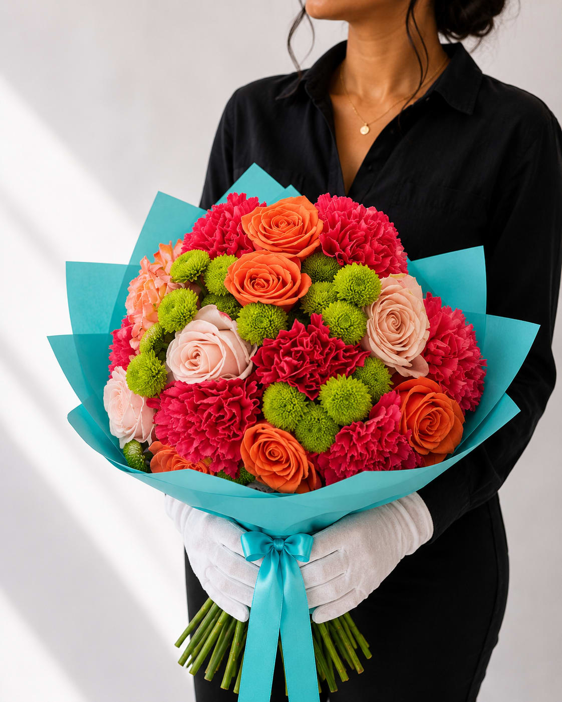Fiona Bouquet (V Signature™) - Fiona exclusively designed and sold by Velvet Stems™ is a spirited hand-tied bouquet bursting with bold red carnations, radiant roses in peach and orange tones, and lively green button poms. Wrapped with care, this bouquet brings joy, freshness, and a modern twist to a timeless expression of beauty.