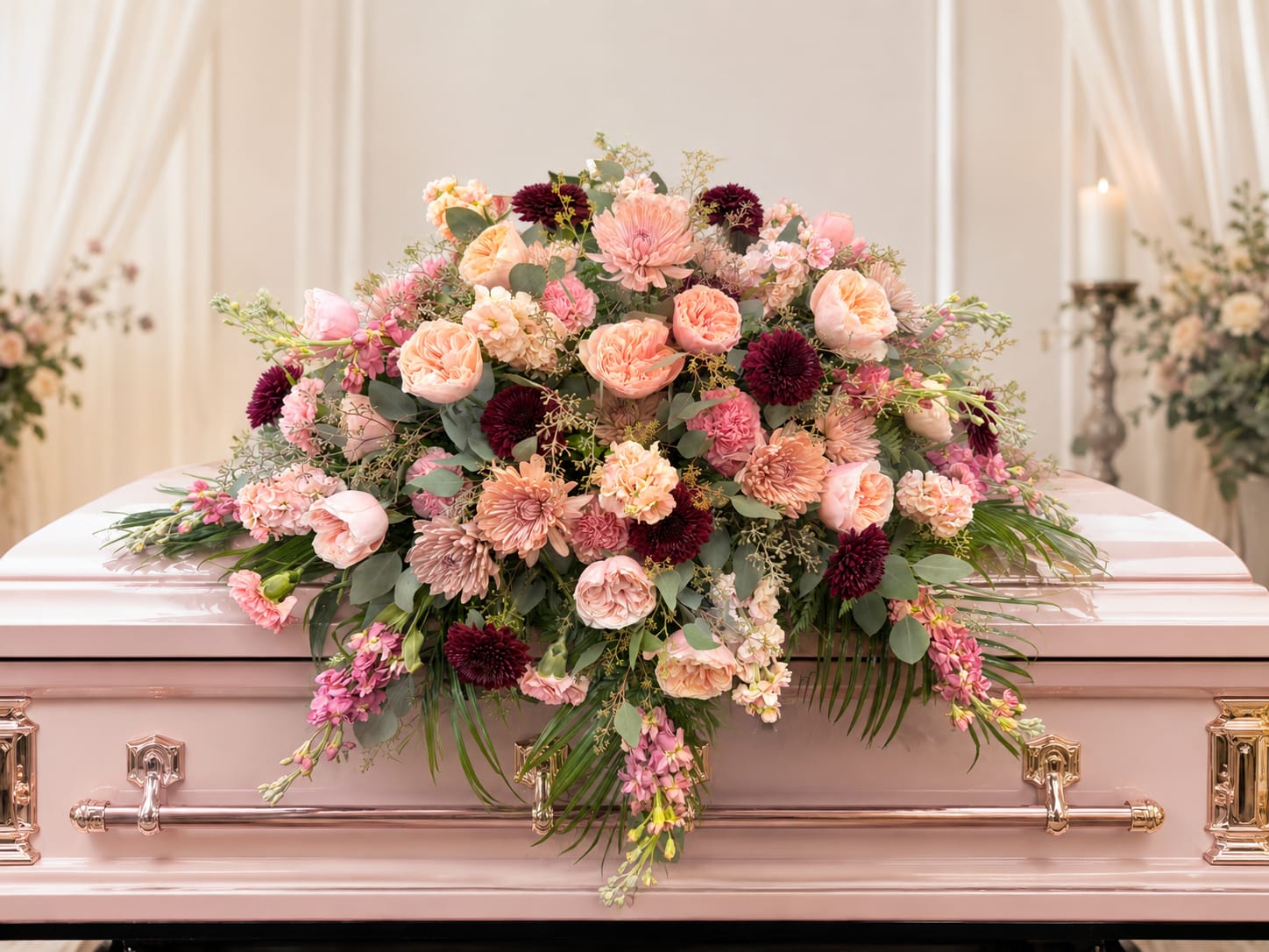 Blushing Grace Casket Spray - A breathtaking tribute filled with warmth, beauty, and heartfelt remembrance. Blushing Grace features a lush garden-inspired design of soft peach and blush blooms accented with rich burgundy tones, creating a beautiful expression of love and cherished memories. Premium roses, elegant chrysanthemums, delicate stock, textured greenery, and cascading accents come together to create a graceful and feminine farewell.  Designed to honor a life beautifully lived, this casket spray offers a comforting display of love, admiration, and everlasting remembrance.  Each arrangement is handcrafted by our designers. Flower varieties and shades may vary slightly based on seasonal availability, while maintaining the overall style, color palette, and beauty of the design. 