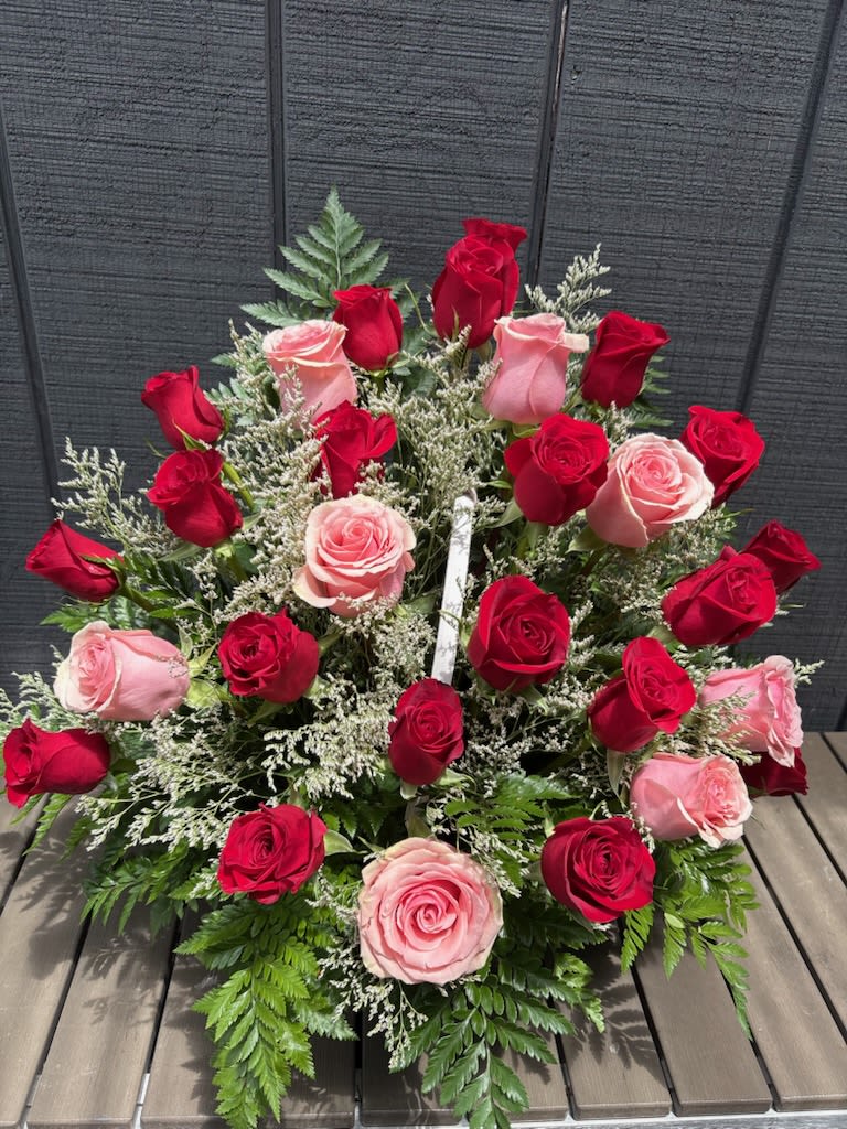 Basket of Roses  - 30 roses in your choice of color with greenery and delicate filler, arranged in a  basket