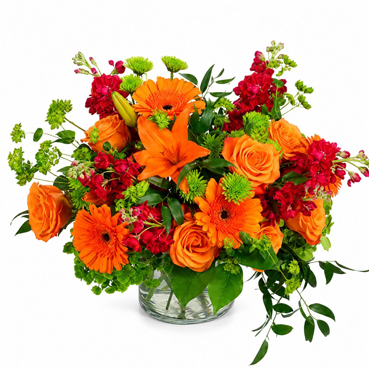 Orange Explosion - Bold, bright, and beautiful, Orange Explosion will leave them speechless. Stunning orange gerberas, lilies, and roses are highlighted by fuchsia stock and green button poms to create a truly magnificent bouquet. Make someone’s day better with this explosion of beauty!  Includes: Milk Jug Vase, Bupleurum, Italian Ruscus, Salal, Orange Gerberas , Green Hydrangea , Orange Lily , Green Button Poms, Orange Roses , Fuchsia Stock.