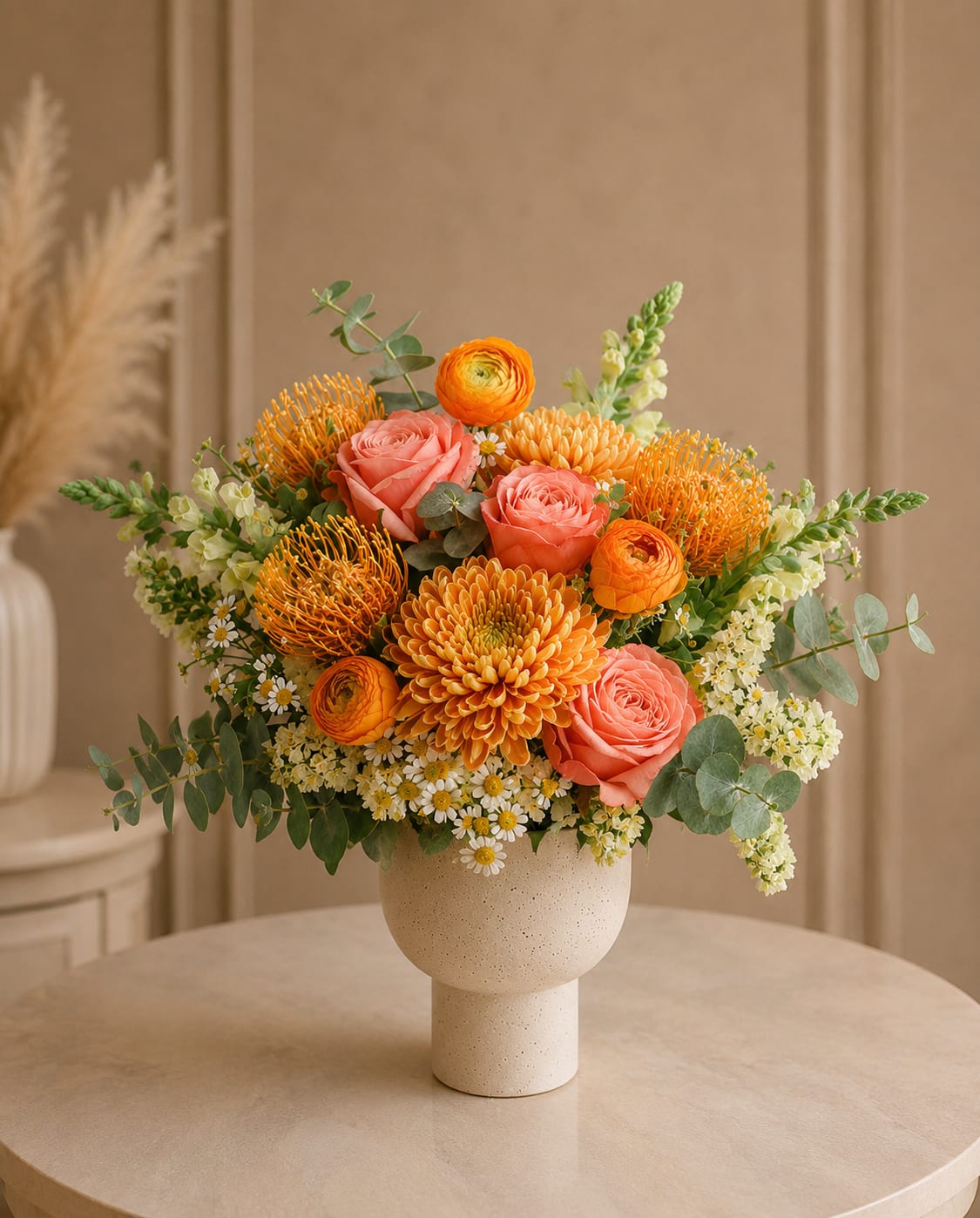 Golden Solstice - Golden Solstice is a warm, textural floral design created for the person who loves color, movement, and a slightly unexpected floral palette. Designed in a modern ceramic vase, this arrangement features peach garden roses, vibrant orange ranunculus, sculptural pincushion protea, soft bronze mums, delicate chamomile, snapdragons, and airy greenery for a look that feels fresh, elevated, and full of personality.  The blend of sunset tones, layered textures, and soft neutral accents gives Golden Solstice a refined garden feel with a modern Bloom In Glory finish. It’s a beautiful choice for birthdays, thank-you gifts, celebrations, housewarmings, and everyday floral moments that call for something joyful yet polished.  Romantic without being overly sweet and vibrant without feeling loud, Golden Solstice brings warmth, charm, and an editorial touch to any space.  SEO Keywords  luxury flower arrangement, orange ranunculus arrangement, pincushion protea arrangement, peach rose arrangement, textured floral design, garden style flower arrangement, modern ceramic vase flowers, luxury florist Orlando, Orlando flower delivery, premium flower arrangement, artistic floral centerpiece, bright floral arrangement, warm toned flower arrangement, elegant flower delivery, birthday flower delivery Orlando, thank you flowers Orlando, housewarming flower gift, unique flower arrangement, chamomile flower arrangement, ranunculus bouquet Orlando, protea 