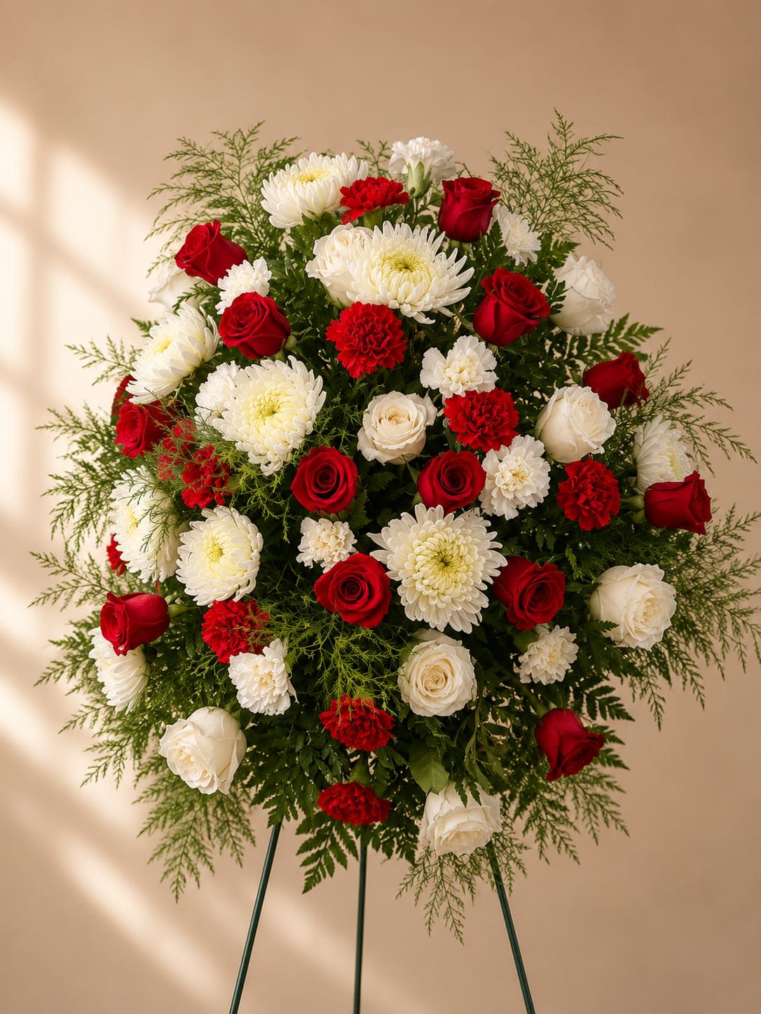 Circle of Love - A dense, rounded standing spray built from red roses, white chrysanthemums, and red and white carnations-Circle of Love makes a respectful, high-contrast statement for sympathy or funeral services. The formal red-and-white palette reads as a traditional tribute, while the soft, airy greenery around the edges gives the piece a gentle, consoling presence that helps the person you're honoring feel remembered with dignity.  This large arrangement is arranged on a standing easel for a ceremonial presentation, with a compact silhouette of tightly placed blooms that reads clearly from a distance. Textures shift from the velvet of red roses to the full, cushiony chrysanthemums and the layered carnations, all tied together by green foliage that adds fullness and a soft border.  Perfect for memorial services, graveside farewells, or to send condolences to a grieving family, Circle of Love conveys heartfelt respect and comfort. The standing easel makes delivery and placement straightforward; for care, keep the arrangement in a cool, sheltered spot away from direct sun and wind until the service to preserve freshness.