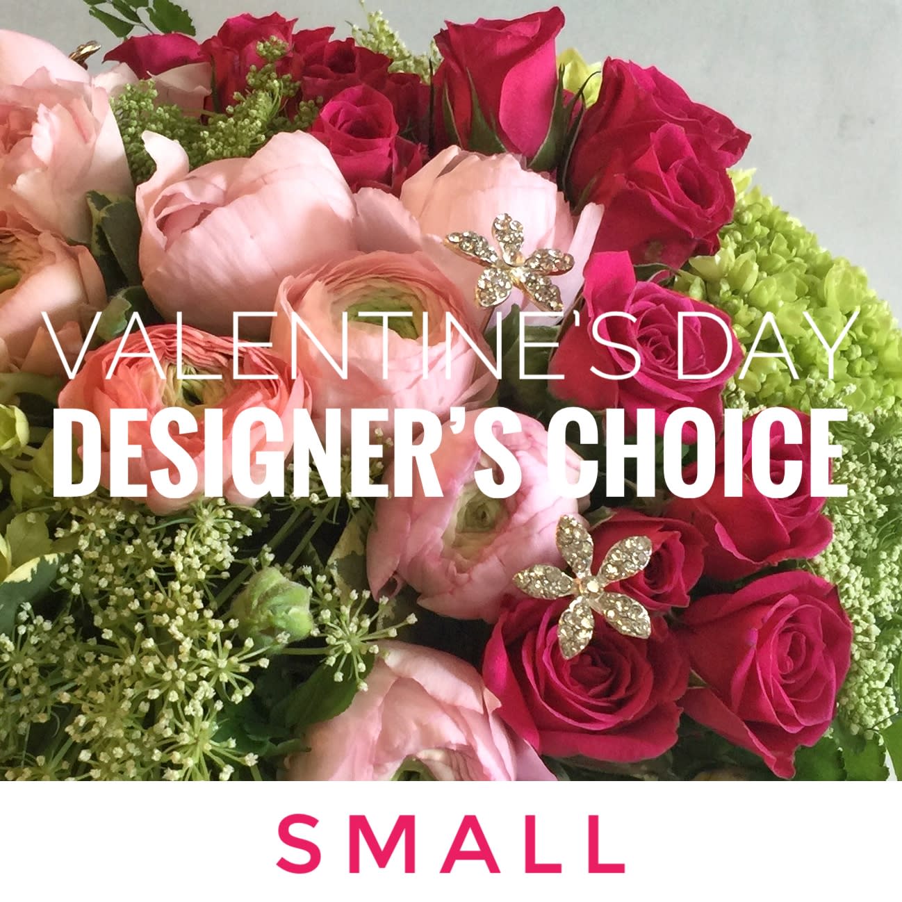 Small Valentine's Day - Take the guesswork out ordering by letting our designers create a custom romantic arrangement in our signature style for you. We have a curated collection of premium flowers in a Valentine's Day palette of red, pinks and white. Our talented floral artists work with the best available material to create a floral that will be both beautiful and long-lasting.  You are welcome to give us your preferences under Special Instructions during checkout. We will make every effort to fill your order as requested and will make appropriate substitutions if we are not able to accommodate your request exactly. If you have a request for a specific flower or non-Valentine's Day color, please call us to place your order so that we can go over every detail.   Please note:  The photographs are a portfolio of earlier Designer's Choice Valentine's Day florals. They are intended to be a representation of the quality of our design work. We may be able to use the photos as inspiration; however, the same flowers and vases may not be available. If an image inspires you, call us at (206) 329-3944 to place your order so that we can discuss possibilities.   Approximate Size: 8 inches tall by 7 inches wide, perfect for a side table or bedside table.