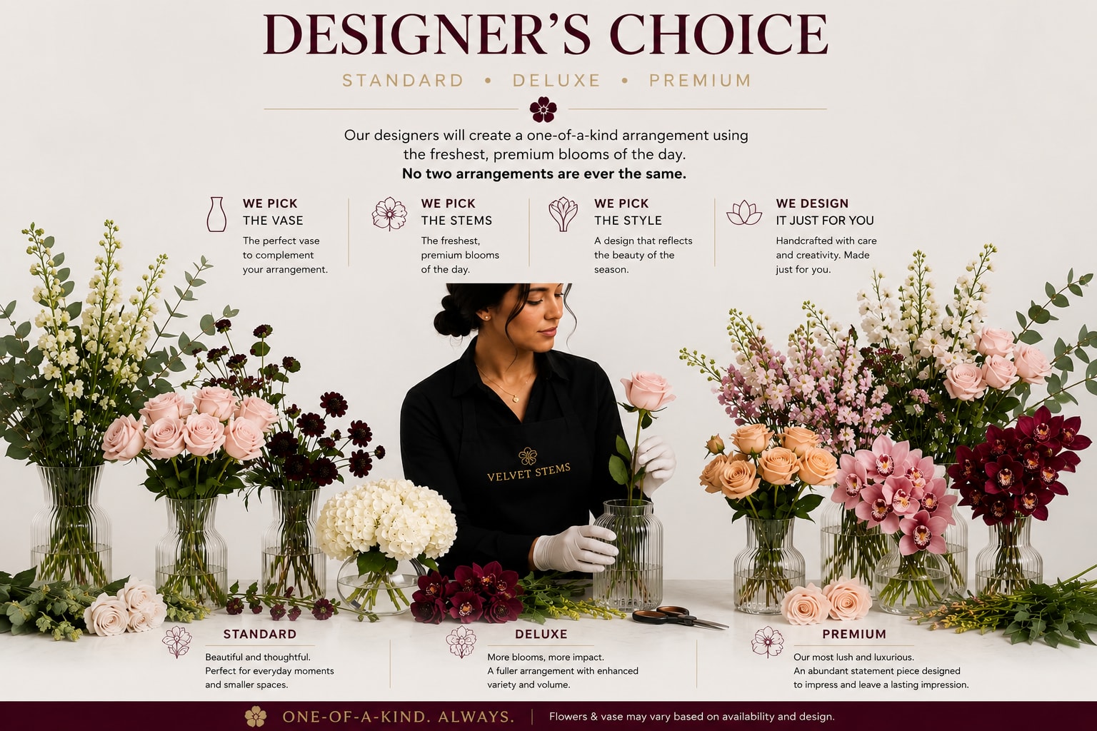 Designer’s Choice Vase Arrangement - Trust Our Designers. Perfect for any Occasion.  When you choose Designer’s Choice, you’re giving our floral artists the creative freedom to design something truly unique. Instead of selecting from a fixed recipe or pictured arrangement in a specific vase, you’re choosing a custom-designed floral experience.   How It Works 1. We Pick the Vase 2. We Pick the Flowers 3. We Pick the Style  4. We Design It  Choose Your Experience 1. Standard - Beautiful and thoughtful. Perfect for everyday moments and smaller spaces. 2. Deluxe - Fuller with more blooms, enhanced flower varieties, and greater visual impact. 3. Premium - Lush and luxurious, designed to create an unforgettable statement, impress and leave a lasting impression.