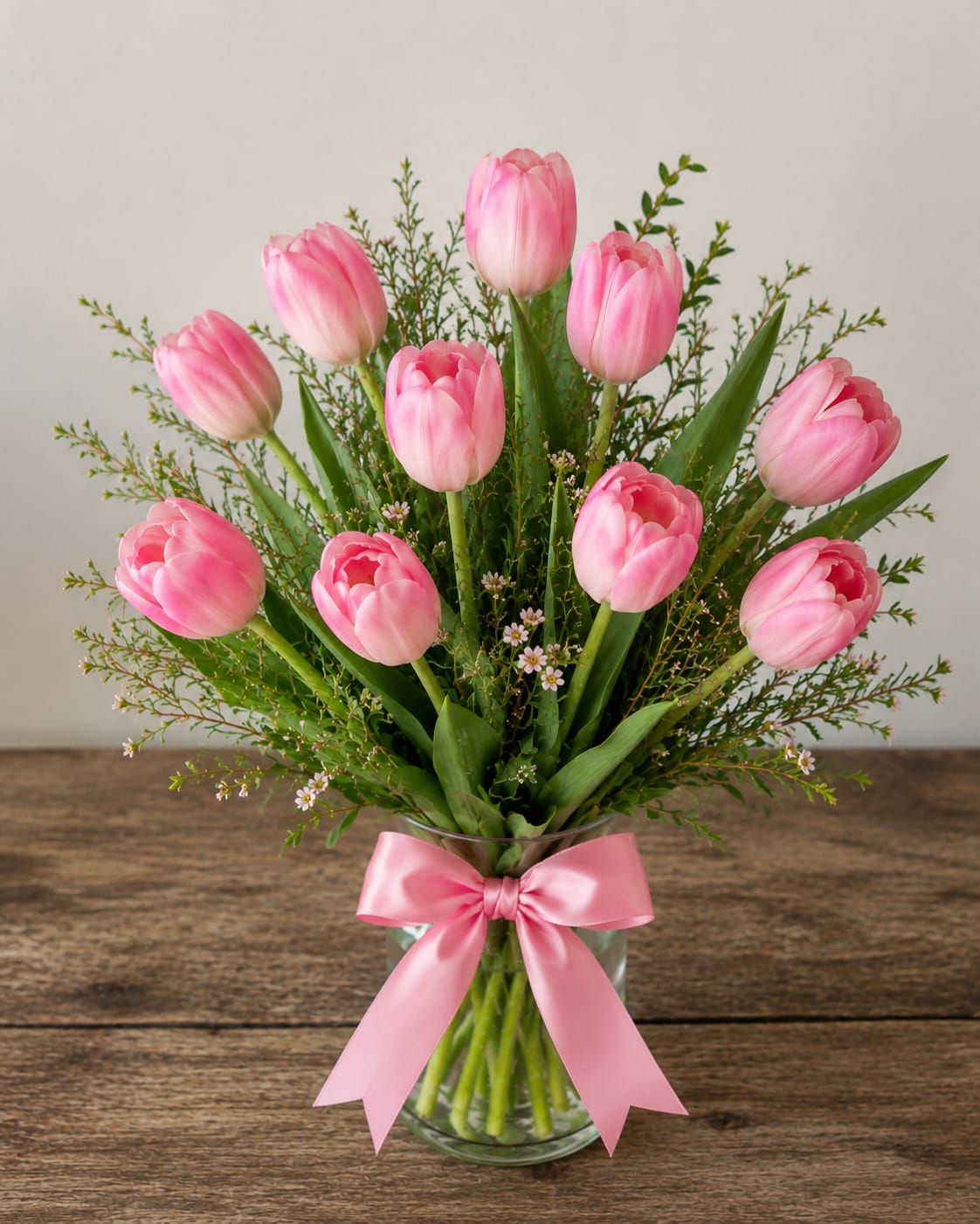 Tulip Embrace - A cluster of pink tulips creates an immediate, springlike embrace-perfect as a birthday bouquet, a cheerful get-well gift, or a thoughtful everyday arrangement. The pink tulips and small white blossoms give a soft, uplifting look that will make the person you're thinking of feel warm and noticed, whether you're celebrating a milestone or simply brightening their day.  Arranged upright and airy in a clear glass vase, the tulips are paired with delicate filler for a loose, natural silhouette that reads fresh and effortless. A wide pink satin ribbon tied around the vase adds a polished, gift-ready finish. Colors: pink, green, white; flowers: tulips with small white accents; vessel: clear glass vase with pink satin bow.  Ideal for spring occasions, new homes, or as a just-because surprise, this arrangement arrives ready to display-no extra work needed beyond changing the water every few days and trimming stems to prolong freshness. It's the kind of bouquet that makes someone feel genuinely seen and celebrated.