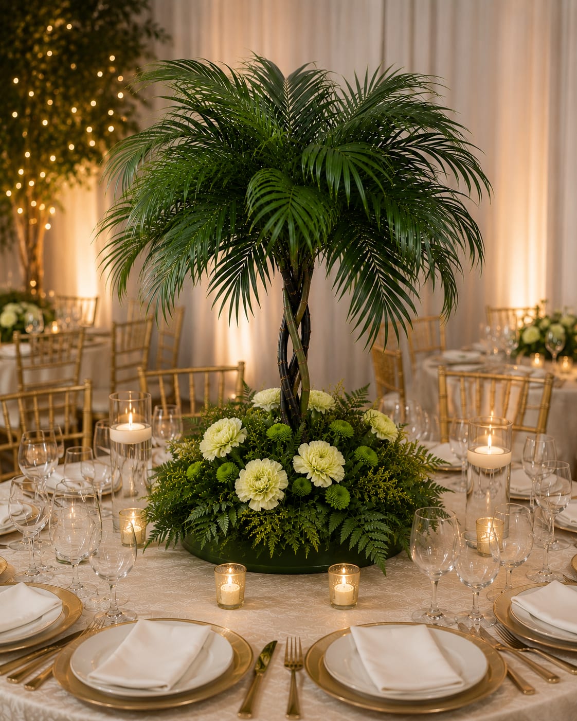 Emerald Oasis - An architectural statement in green, Emerald Oasis is an event floral arrangement built to impress for corporate events, weddings, or ceremonial displays. This vertical design places tall palm fronds and braided palm trunks as a sculptural focal point above a dense, rounded mound of pale green carnations and mixed greenery-perfect for adding tropical formality to an entryway, stage, or reception table.  The monochromatic palette of greens and whites creates a calm, sophisticated mood while the textures-smooth palm braids against ruffled carnations and variegated foliage-draw the eye upward. Arranged in a low black container that grounds the composition, the piece reads large without requiring a tall vase; its strong vertical lines make it suitable as a centerpiece when paired with long tables or as a standalone display at an event focal point.  Designed for venues and event planners seeking lush, formal décor, Emerald Oasis gives the recipient or guest the impression of considered, refined taste. Because the arrangement is built for display, minimal care is required on-site: place on a stable surface, keep away from direct heat, and refresh water as needed during multi-day events.